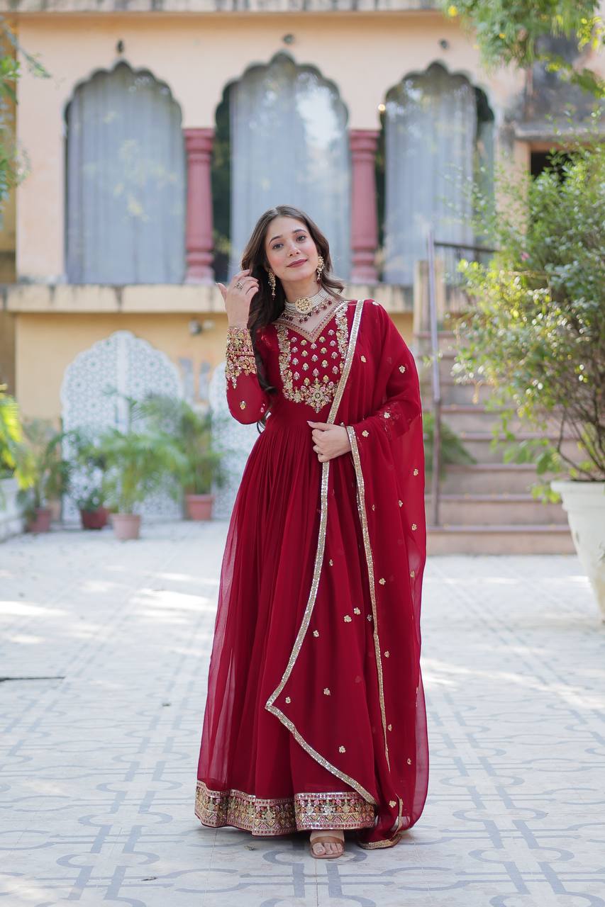 Ravishing Faux Georgette Rich Sequins Embroidered Gown With Dupatta - INDIAN ELEGANCE