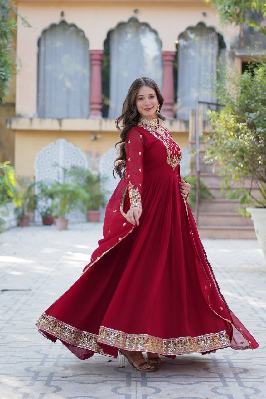 Ravishing Faux Georgette Rich Sequins Embroidered Gown With Dupatta - INDIAN ELEGANCE