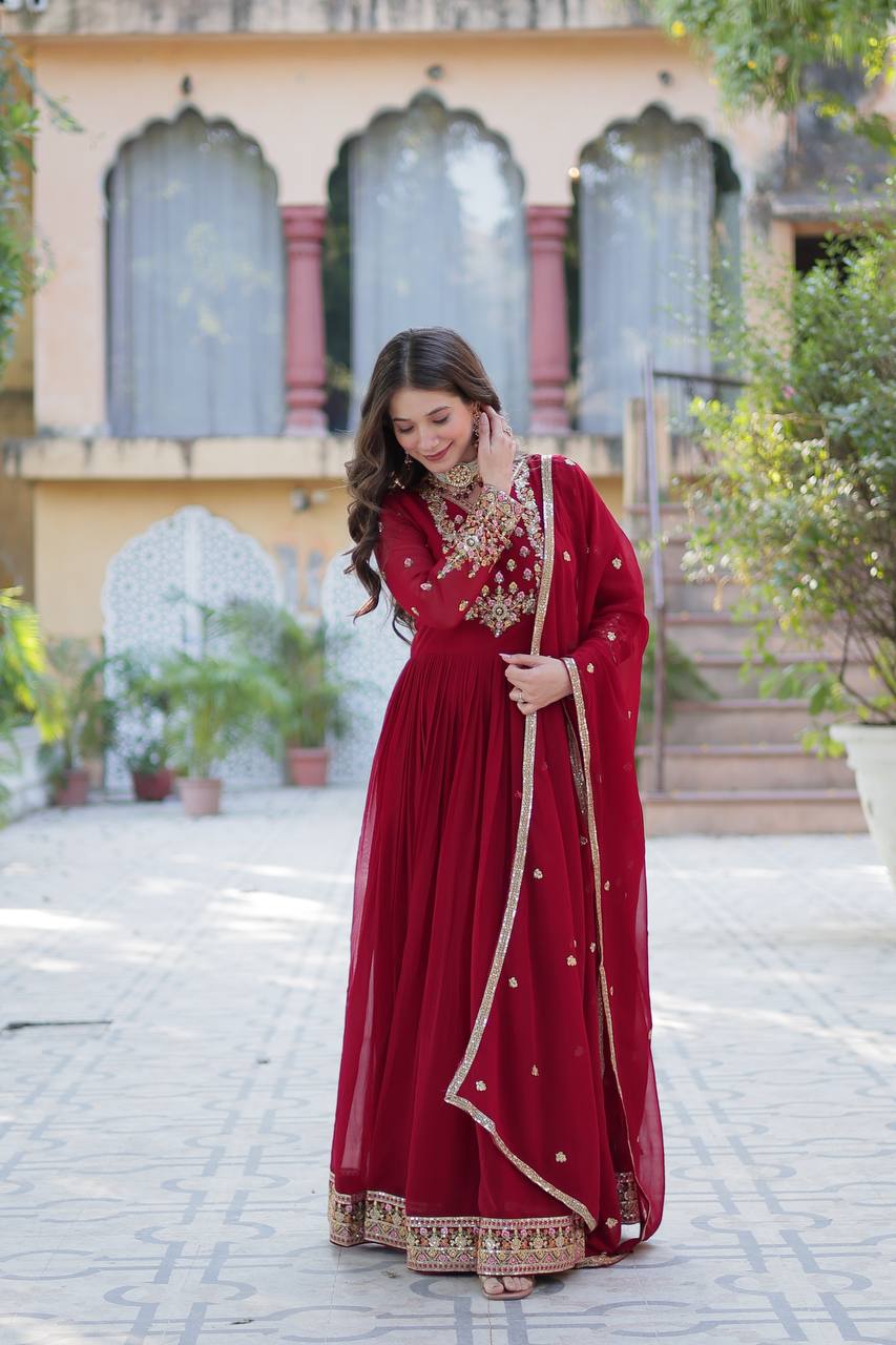 Ravishing Faux Georgette Rich Sequins Embroidered Gown With Dupatta - INDIAN ELEGANCE