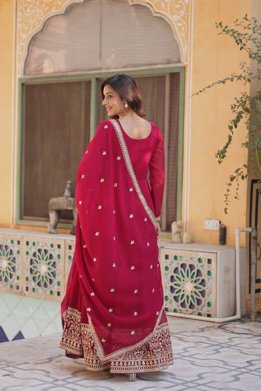 Radiant Faux Georgette Sequins Embroidered Gown With Dupatta - INDIAN ELEGANCE