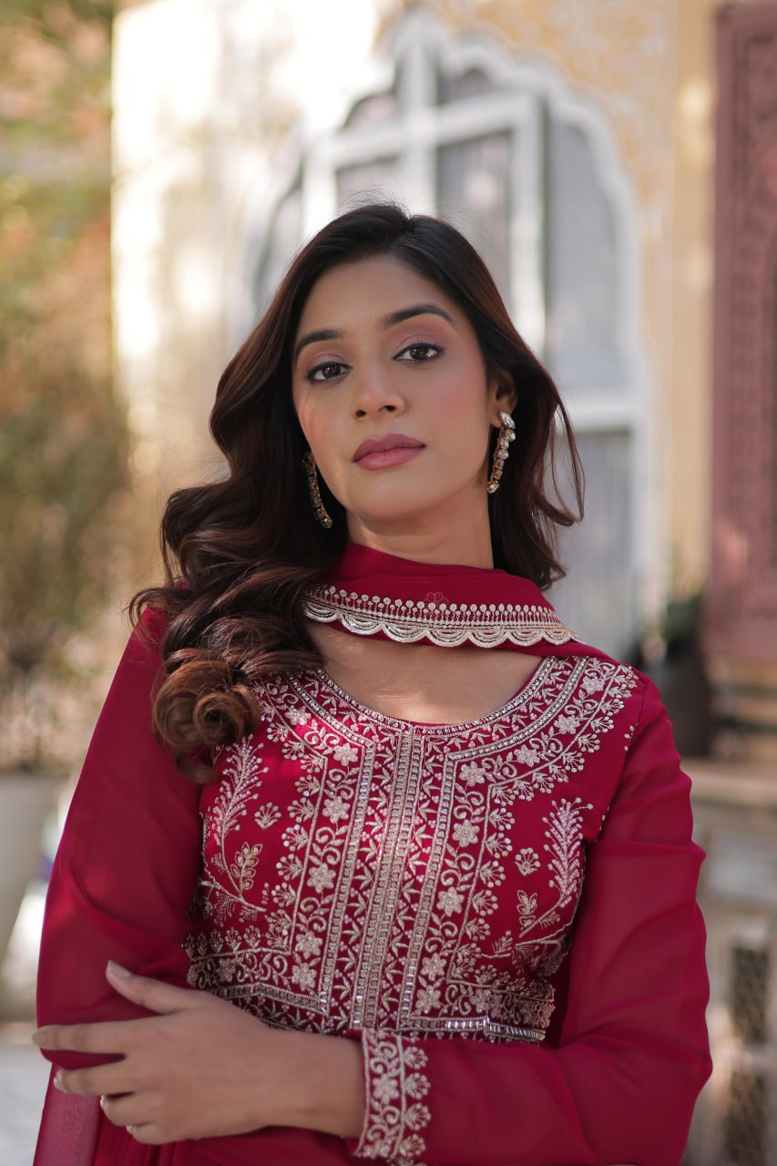 Stunning Faux Georgette Gown Pearl Embroidery With Matching Dupatta