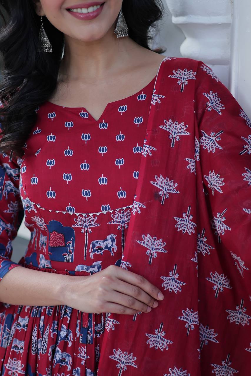 Elegant Pure Cotton Suit Set with Fancy Round Neck With Matching Dupatta