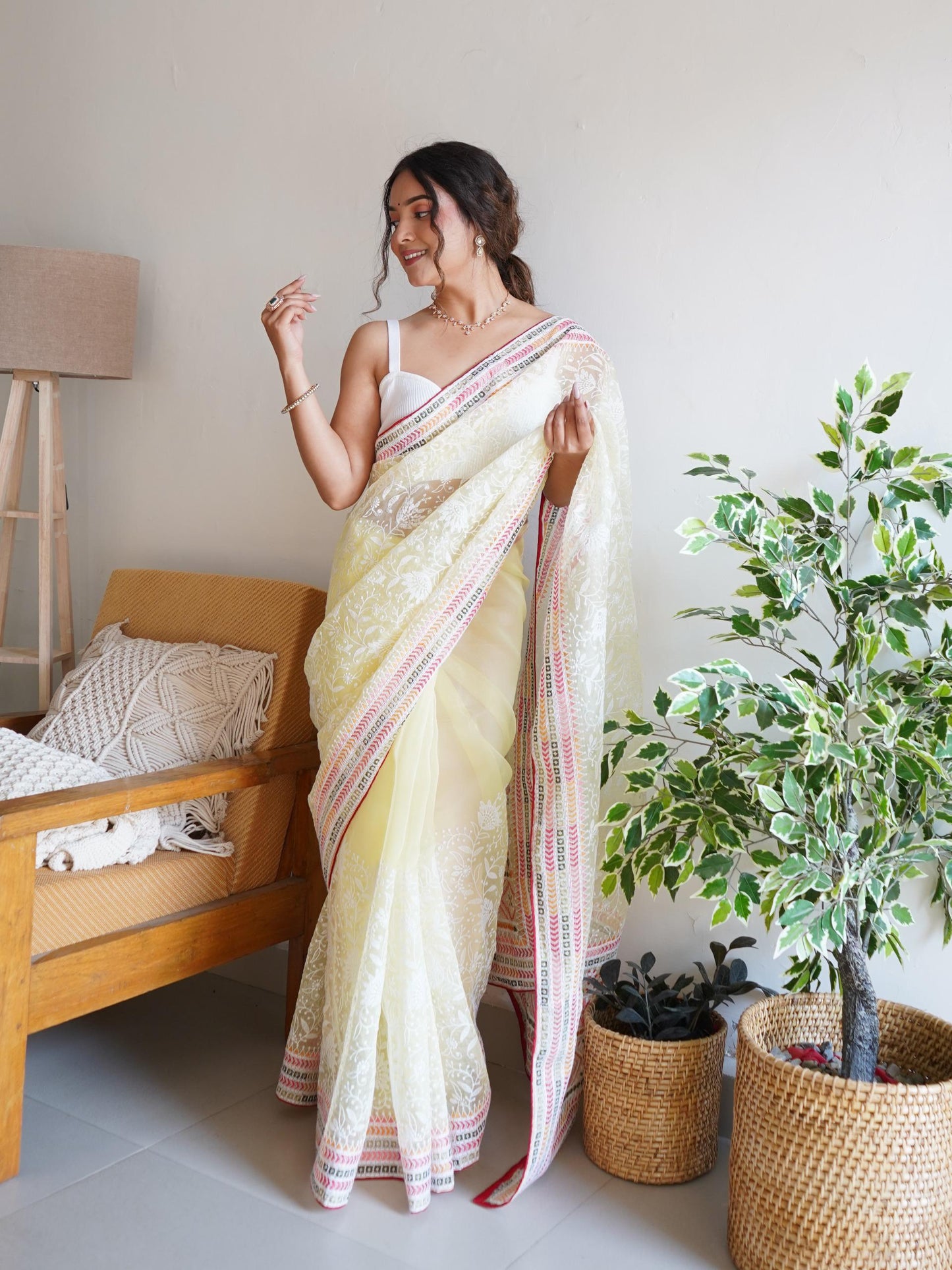 Gorgeous Organza Lucknowi Cotton Thread Embroidered Worked Saree - INDIAN ELEGANCE