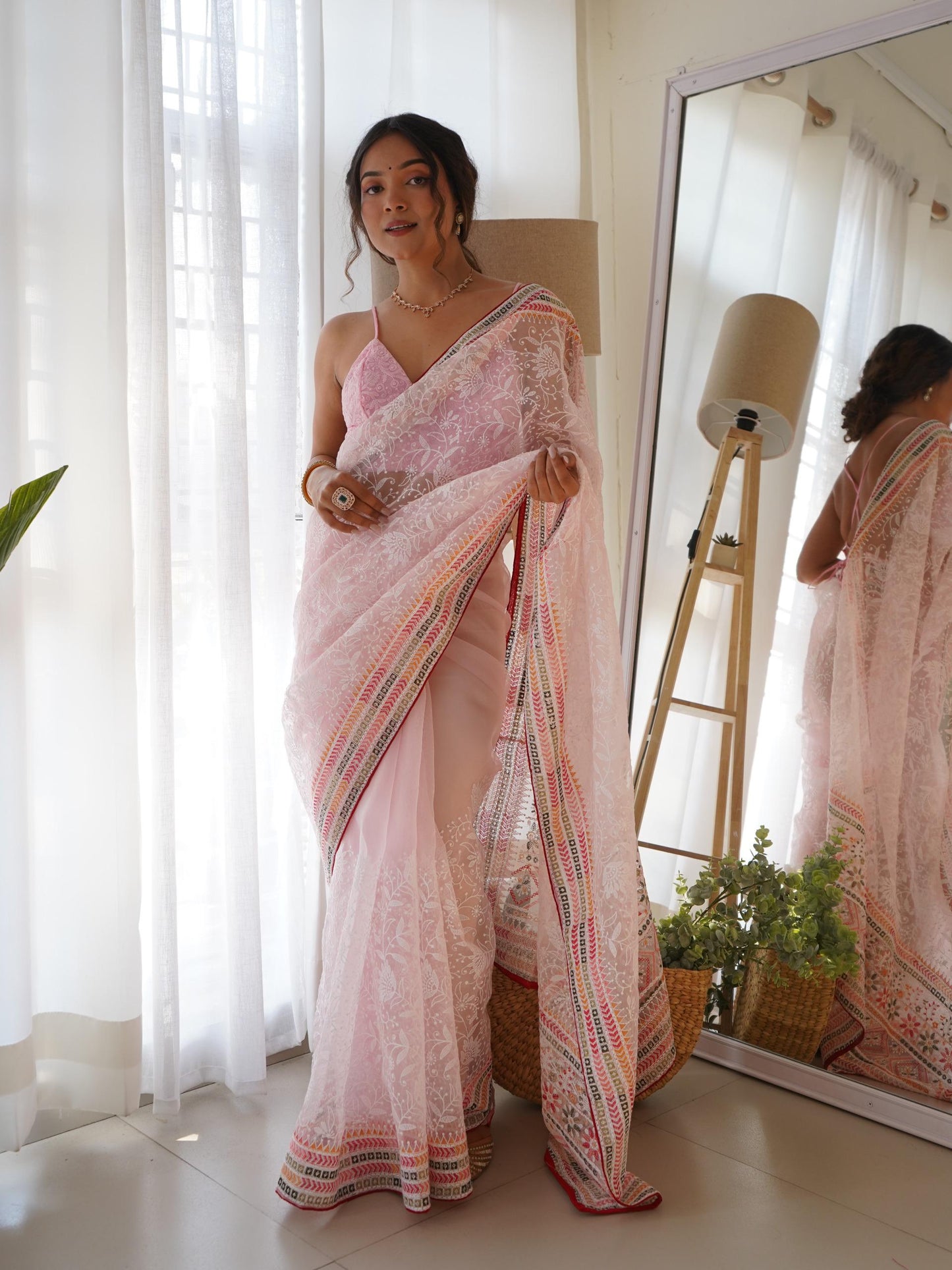 Gorgeous Organza Lucknowi Cotton Thread Embroidered Worked Saree - INDIAN ELEGANCE