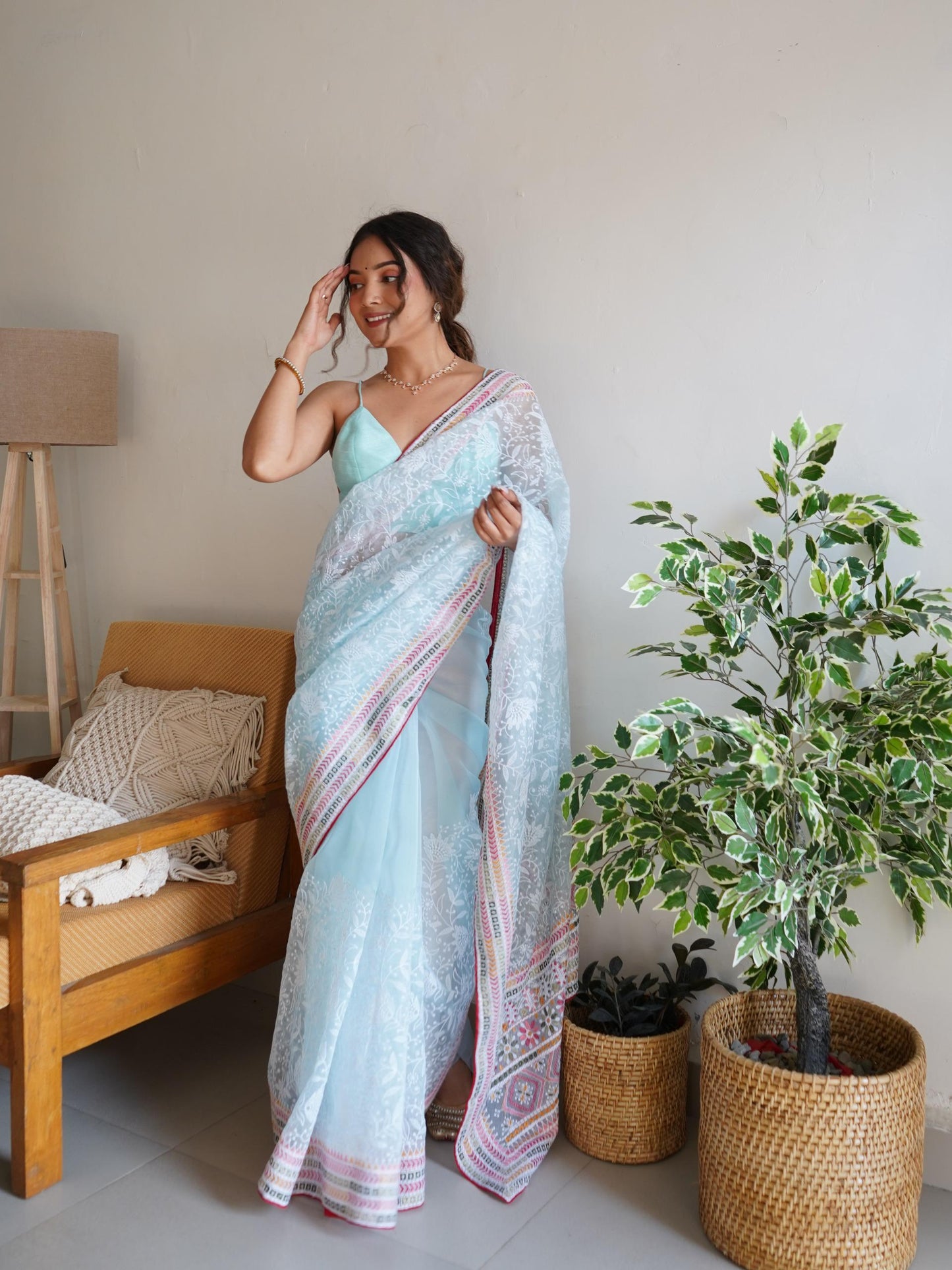 Gorgeous Organza Lucknowi Cotton Thread Embroidered Worked Saree - INDIAN ELEGANCE