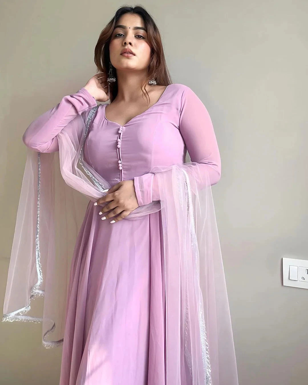 Lavender Faux Georgette Fully Stitched Anarkali Pant Suit - INDIAN ELEGANCE