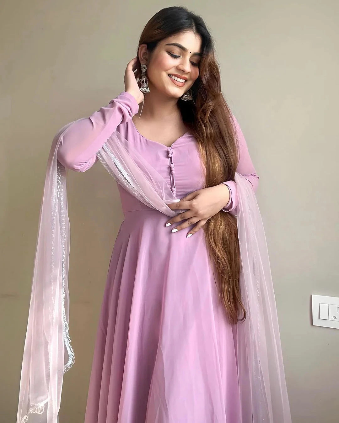 Lavender Faux Georgette Fully Stitched Anarkali Pant Suit - INDIAN ELEGANCE
