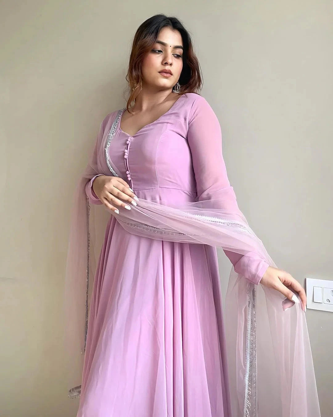 Lavender Faux Georgette Fully Stitched Anarkali Pant Suit - INDIAN ELEGANCE