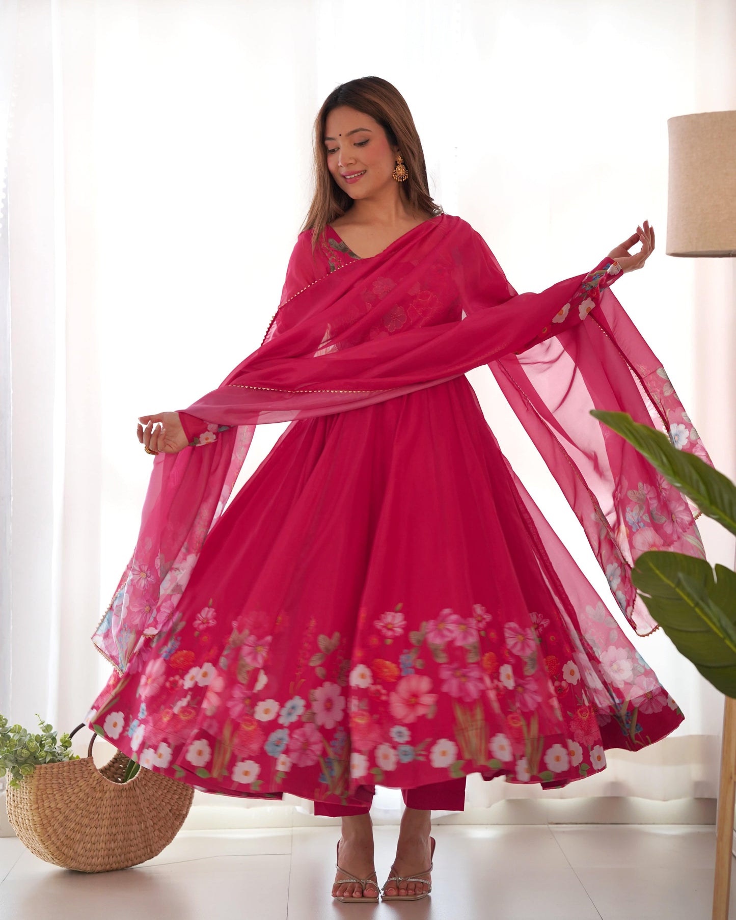 Breathtaking Organza Silk Floral Printed Designer Anarkali Pant Suit - INDIAN ELEGANCE