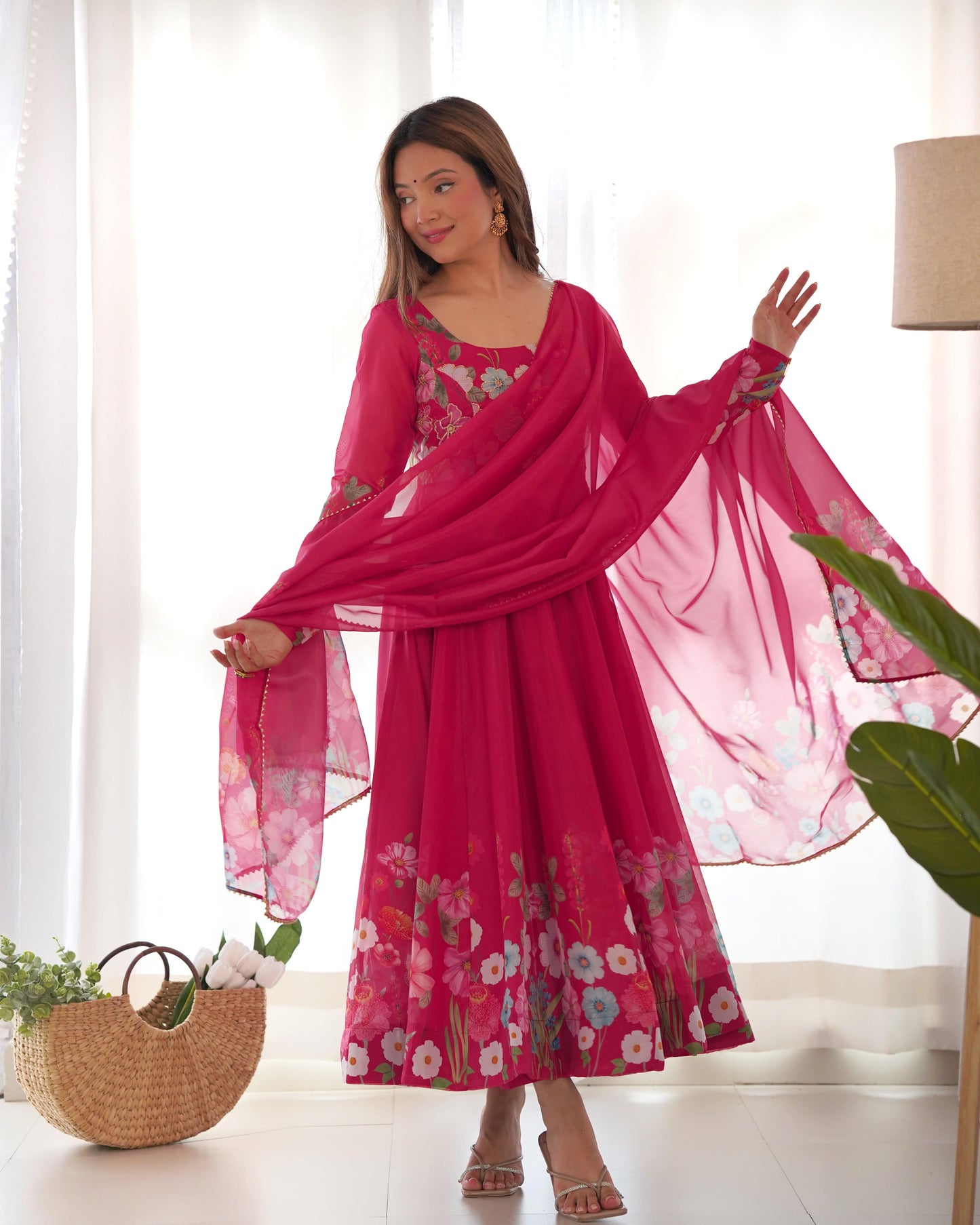 Breathtaking Organza Silk Floral Printed Designer Anarkali Pant Suit - INDIAN ELEGANCE