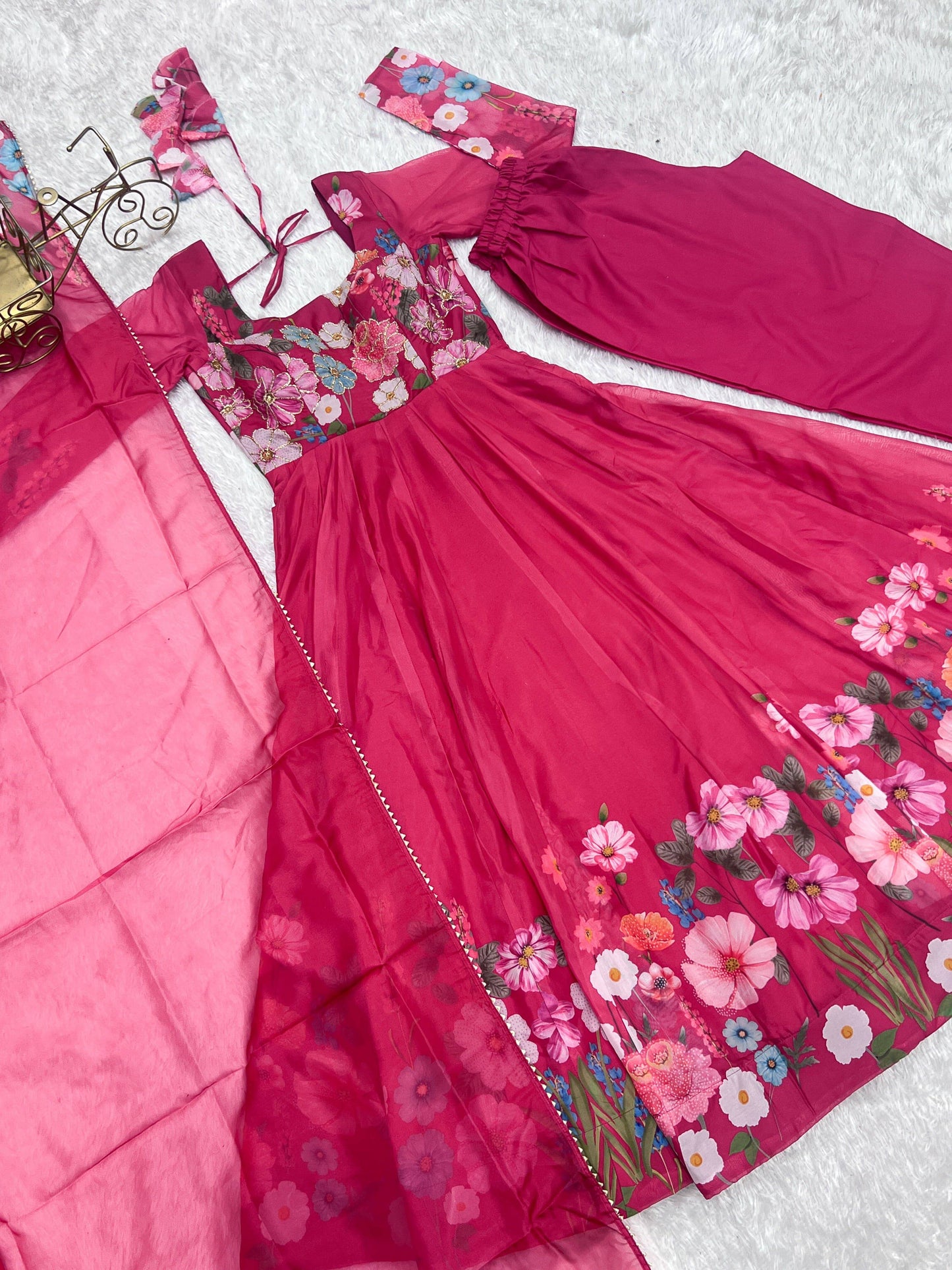 Breathtaking Organza Silk Floral Printed Designer Anarkali Pant Suit - INDIAN ELEGANCE