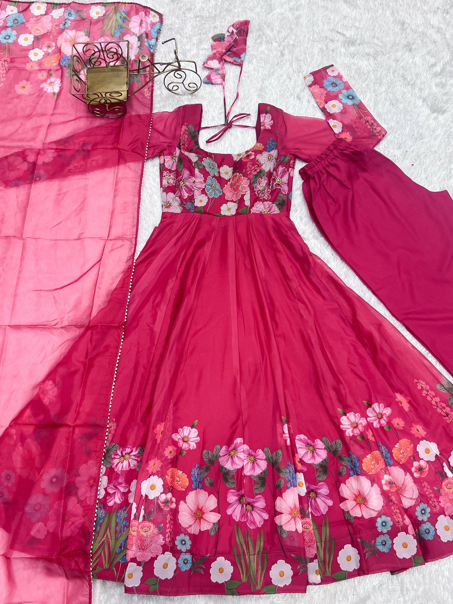 Breathtaking Organza Silk Floral Printed Designer Anarkali Pant Suit - INDIAN ELEGANCE