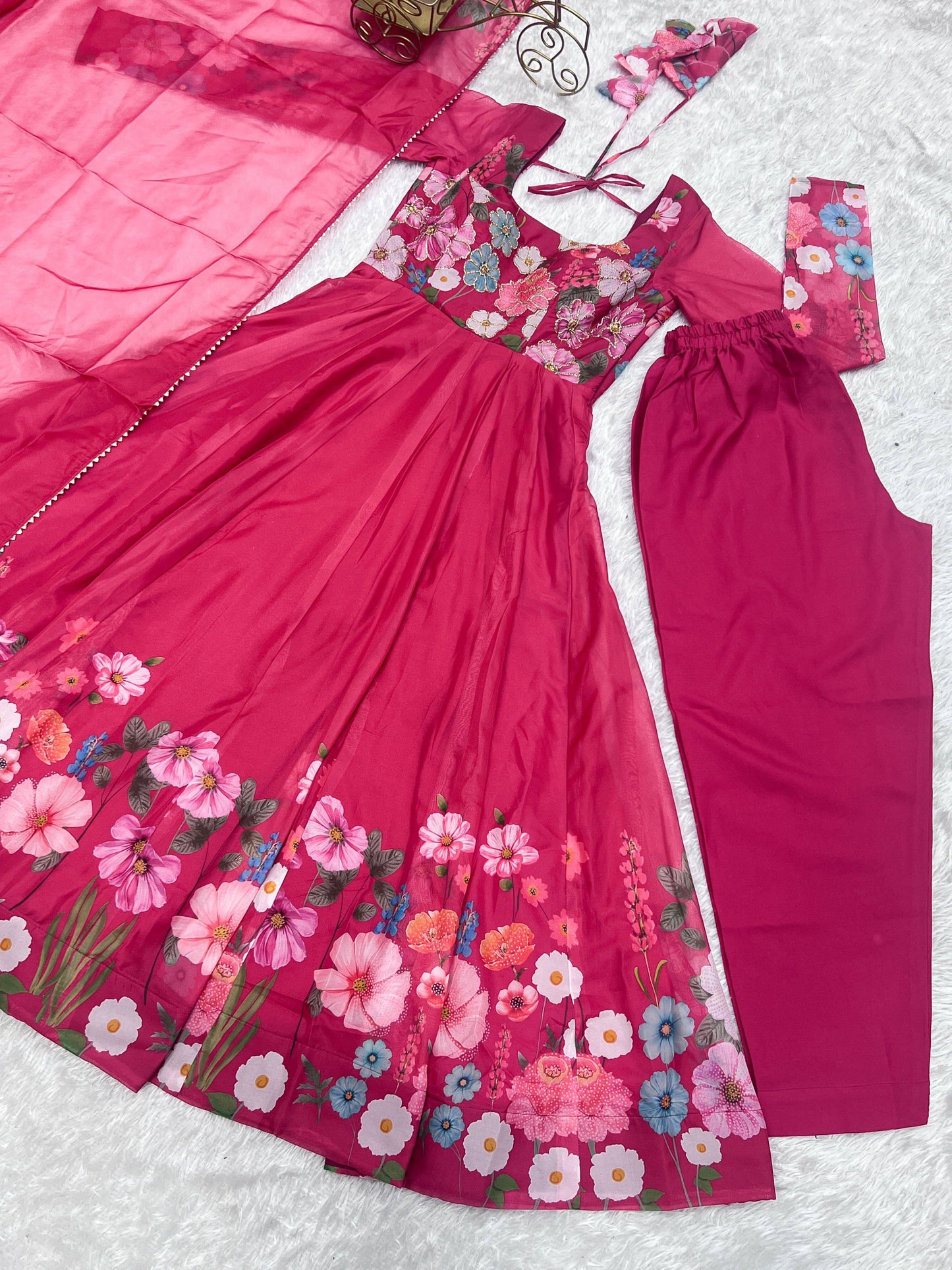 Breathtaking Organza Silk Floral Printed Designer Anarkali Pant Suit - INDIAN ELEGANCE