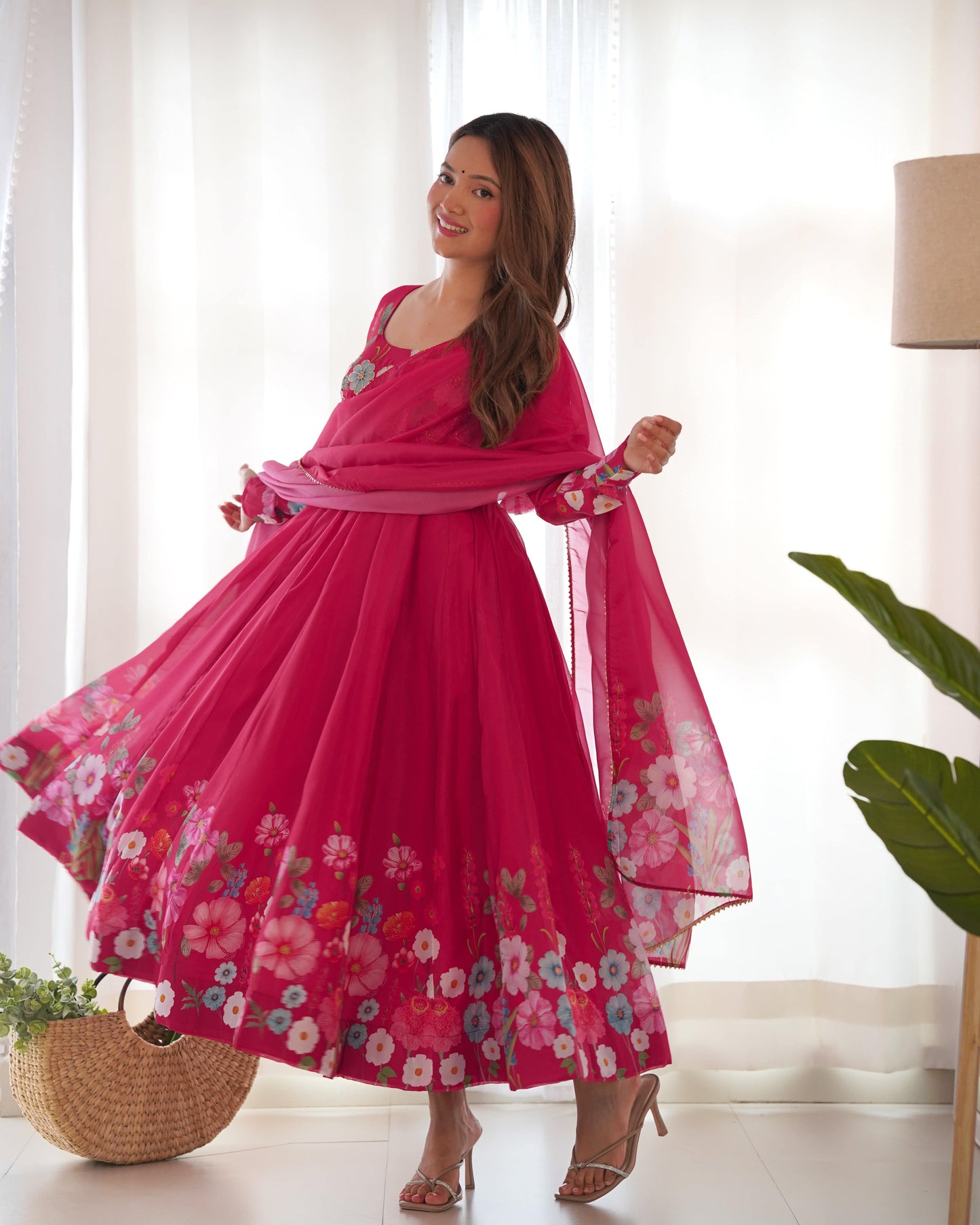 Breathtaking Organza Silk Floral Printed Designer Anarkali Pant Suit - INDIAN ELEGANCE