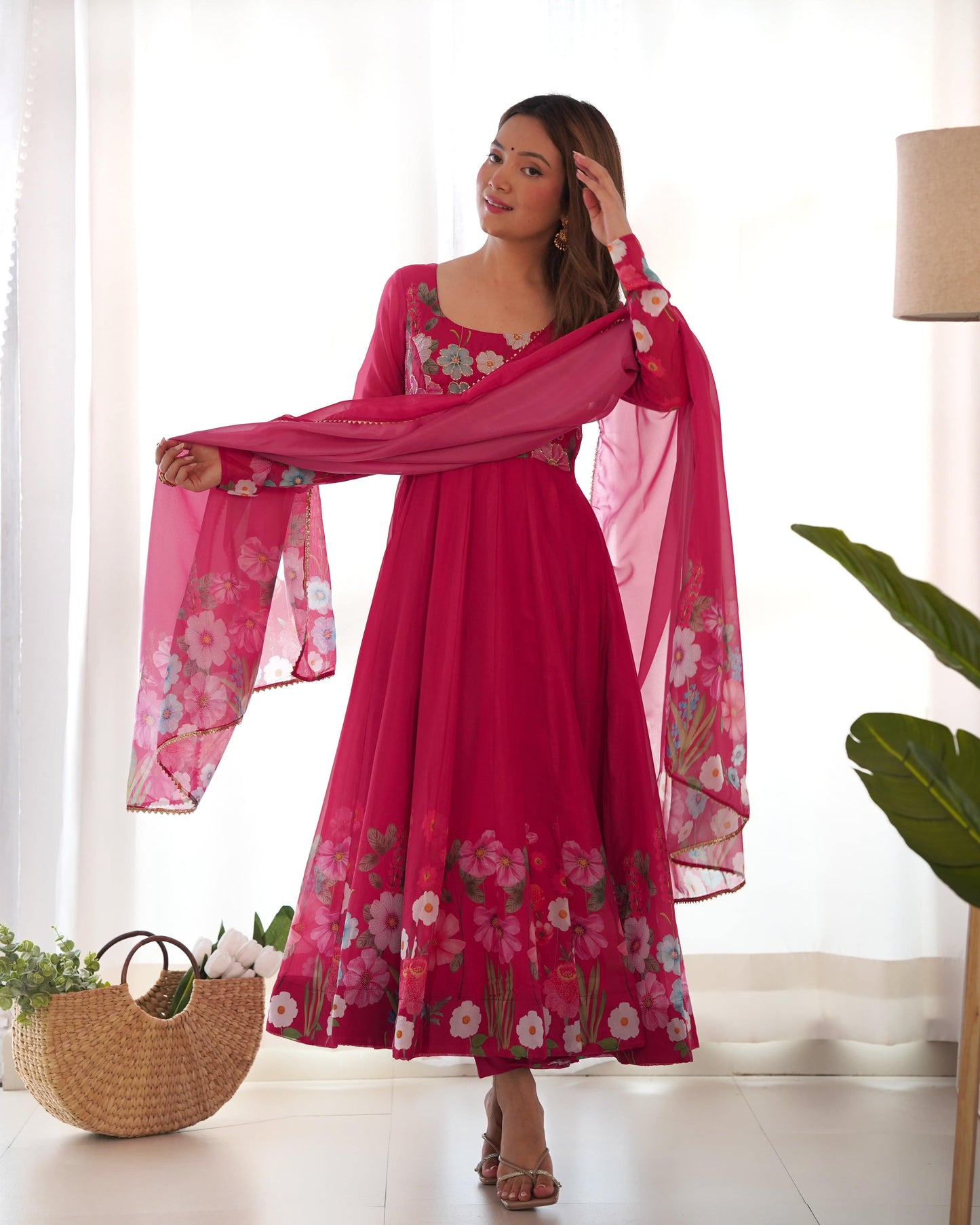 Breathtaking Organza Silk Floral Printed Designer Anarkali Pant Suit - INDIAN ELEGANCE