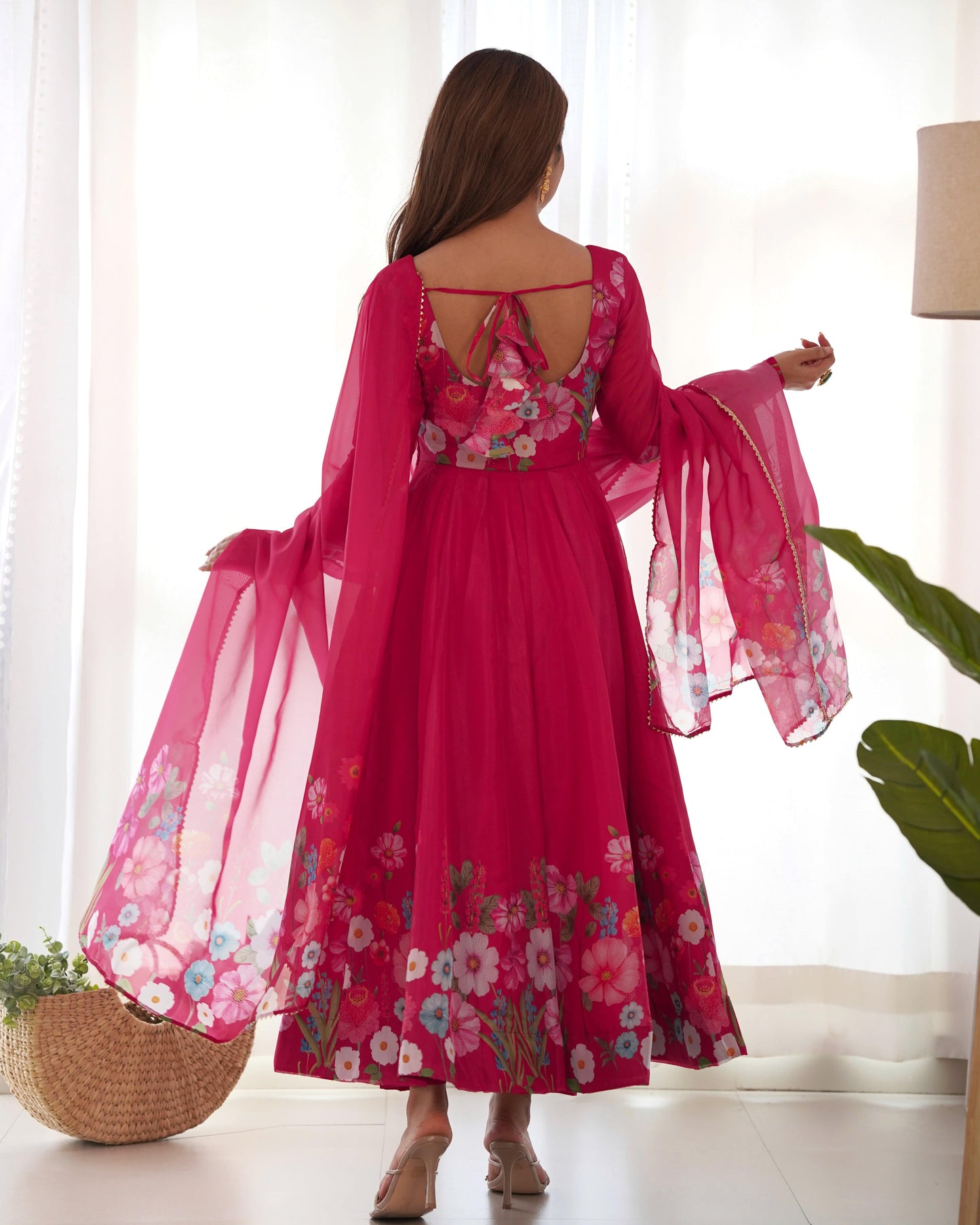 Breathtaking Organza Silk Floral Printed Designer Anarkali Pant Suit - INDIAN ELEGANCE