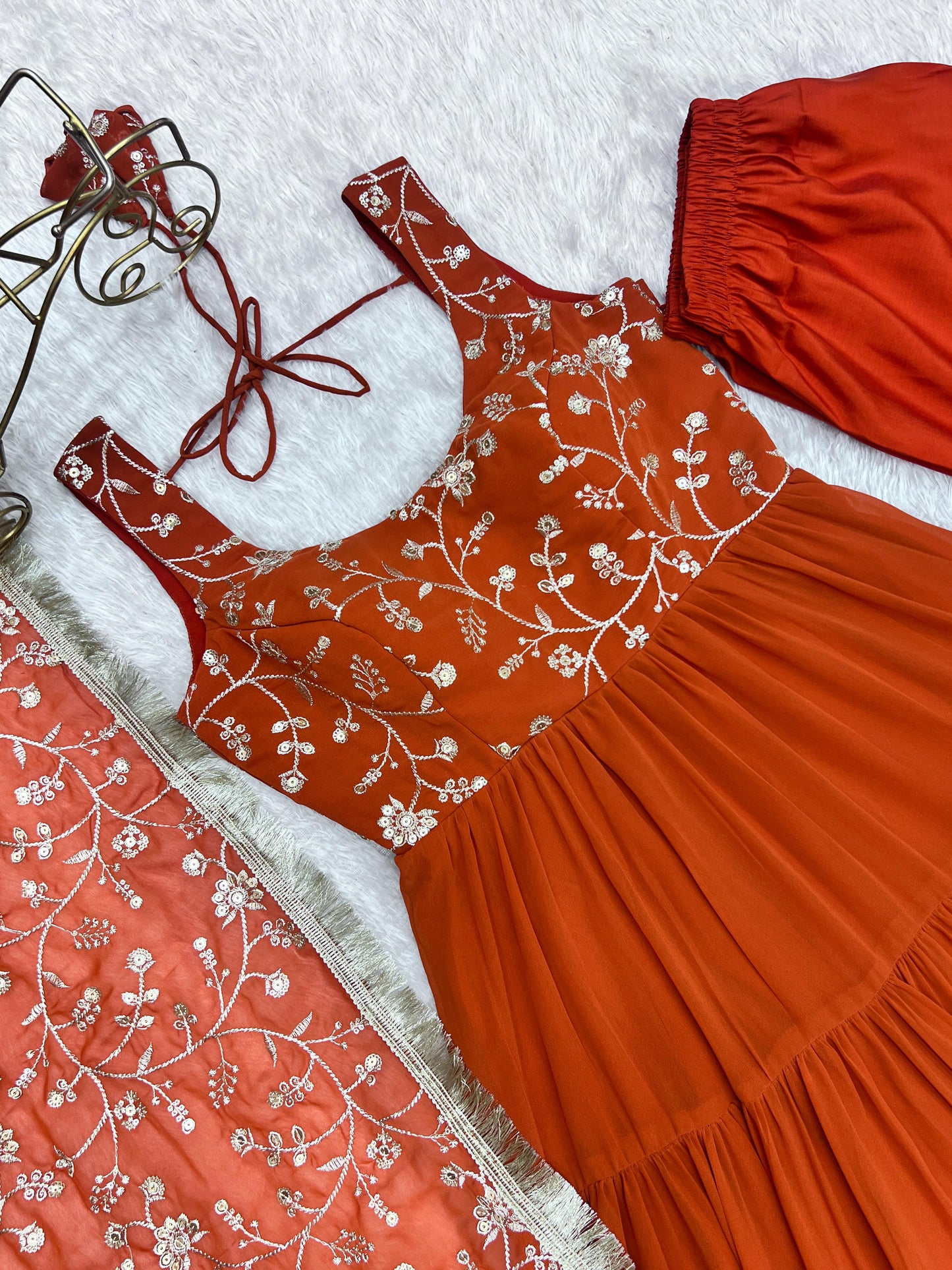 Regal Elegance in Every Twirl – Premium Rust Anarkali Set - INDIAN ELEGANCE