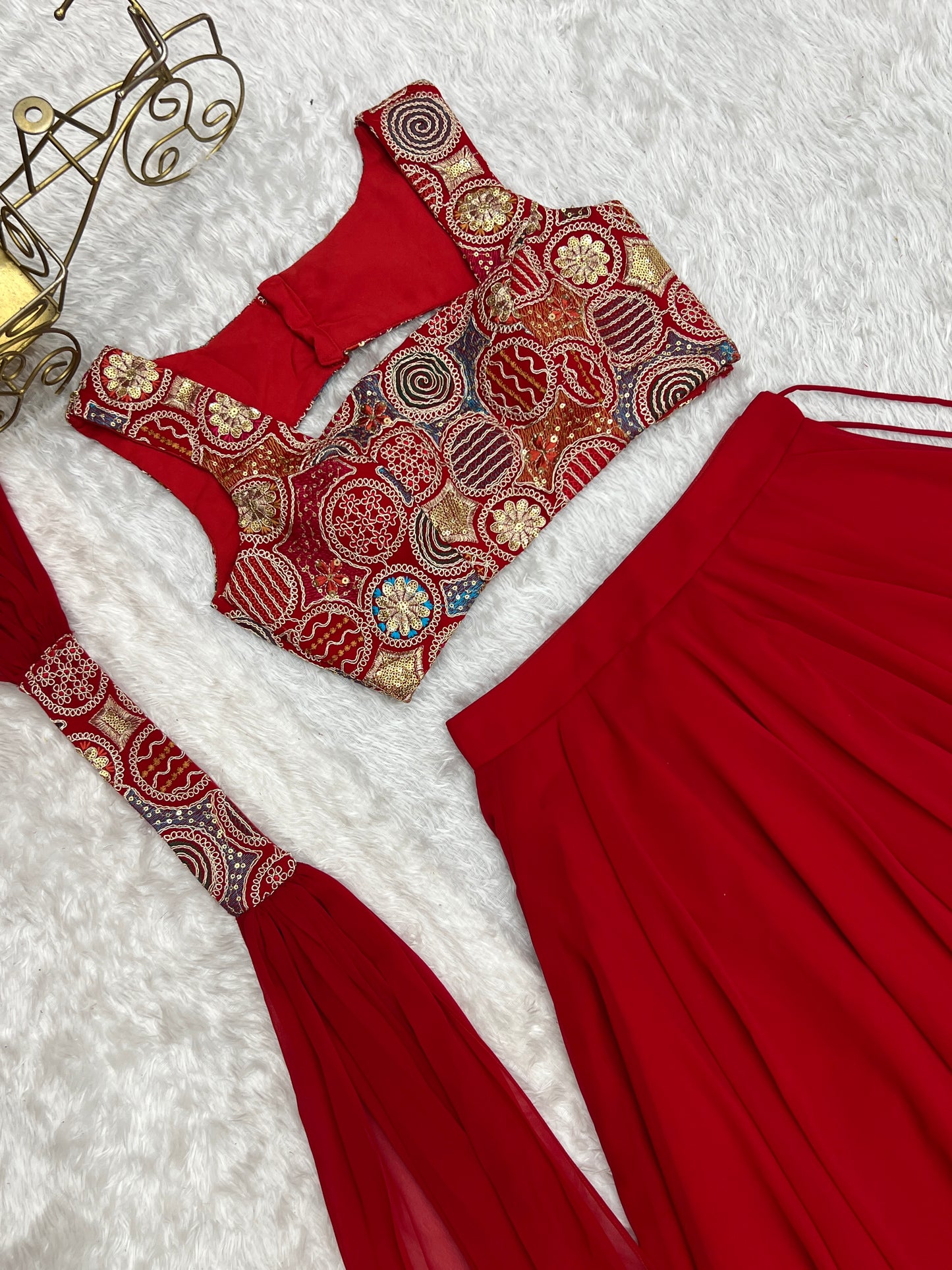 Fabulous Red Pure Soft Faux Georgette Fully Stitched Lehenga Choli Set - INDIAN ELEGANCE