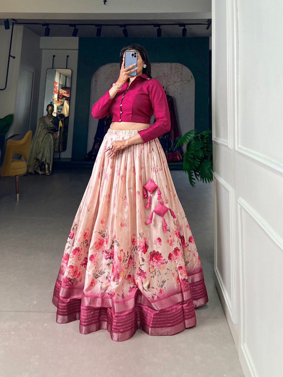 Magnificent Rani Pink Dola Silk Floral Printed Lehenga Choli Set - INDIAN ELEGANCE