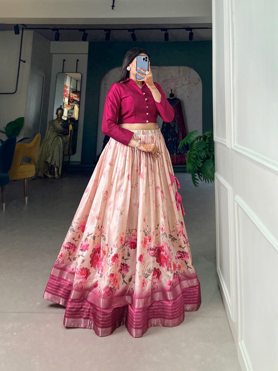 Magnificent Rani Pink Dola Silk Floral Printed Lehenga Choli Set - INDIAN ELEGANCE