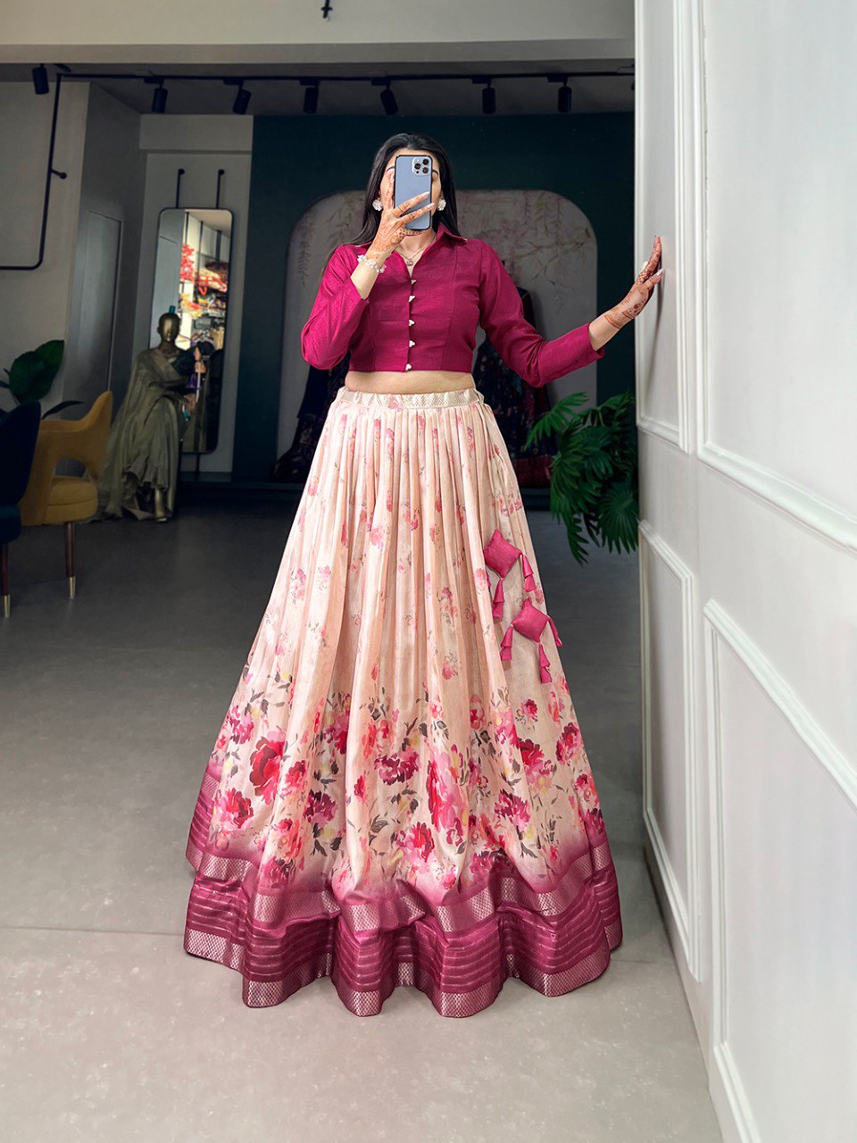 Magnificent Rani Pink Dola Silk Floral Printed Lehenga Choli Set - INDIAN ELEGANCE