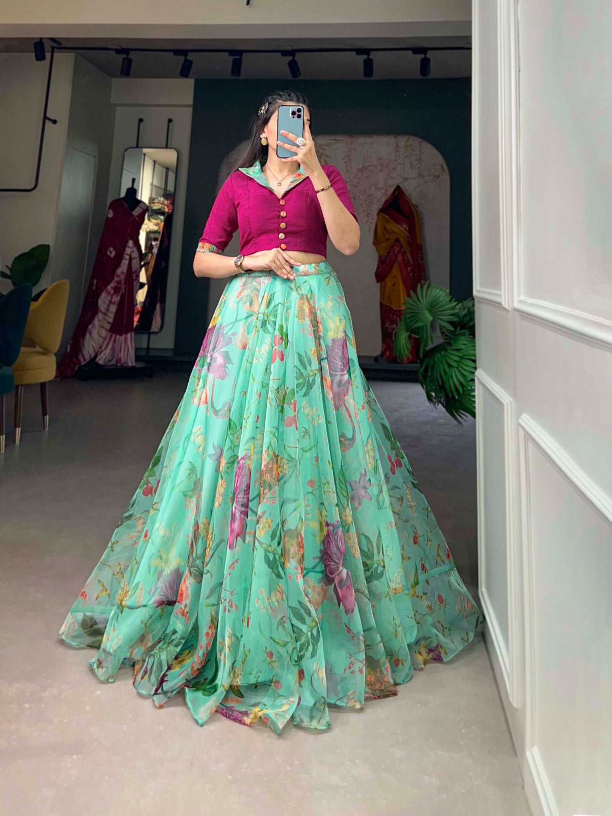 Stunning Organza Floral Digital Printed Lehenga With Blouse - INDIAN ELEGANCE