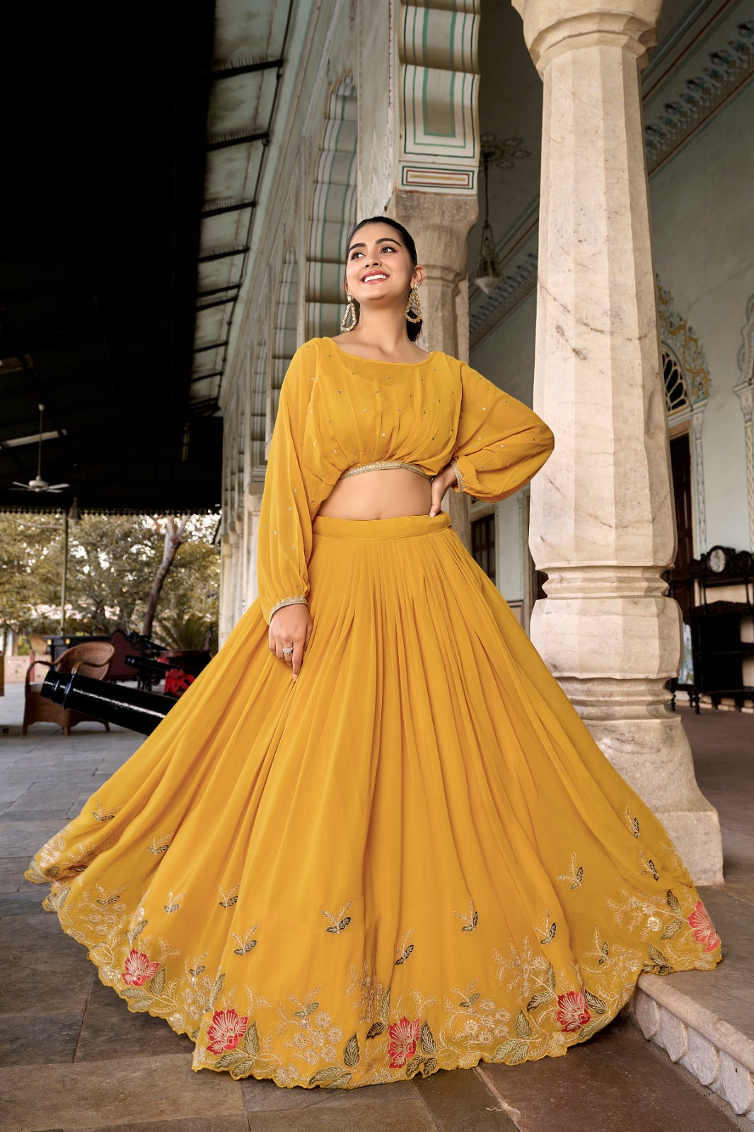 Elegant Georgette Sequins Butti Lace Border Worked Top Lehenga Set - INDIAN ELEGANCE