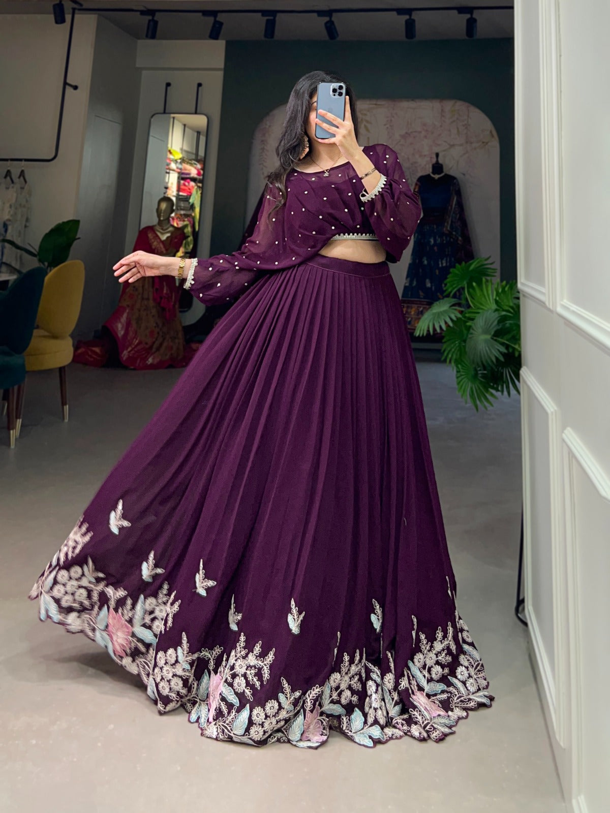 Elegant Georgette Sequins Butti Lace Border Worked Top Lehenga Set - INDIAN ELEGANCE