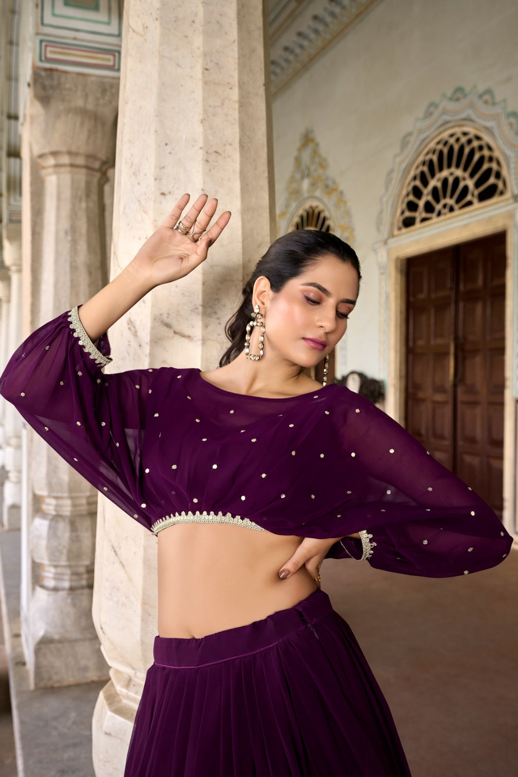 Elegant Georgette Sequins Butti Lace Border Worked Top Lehenga Set - INDIAN ELEGANCE