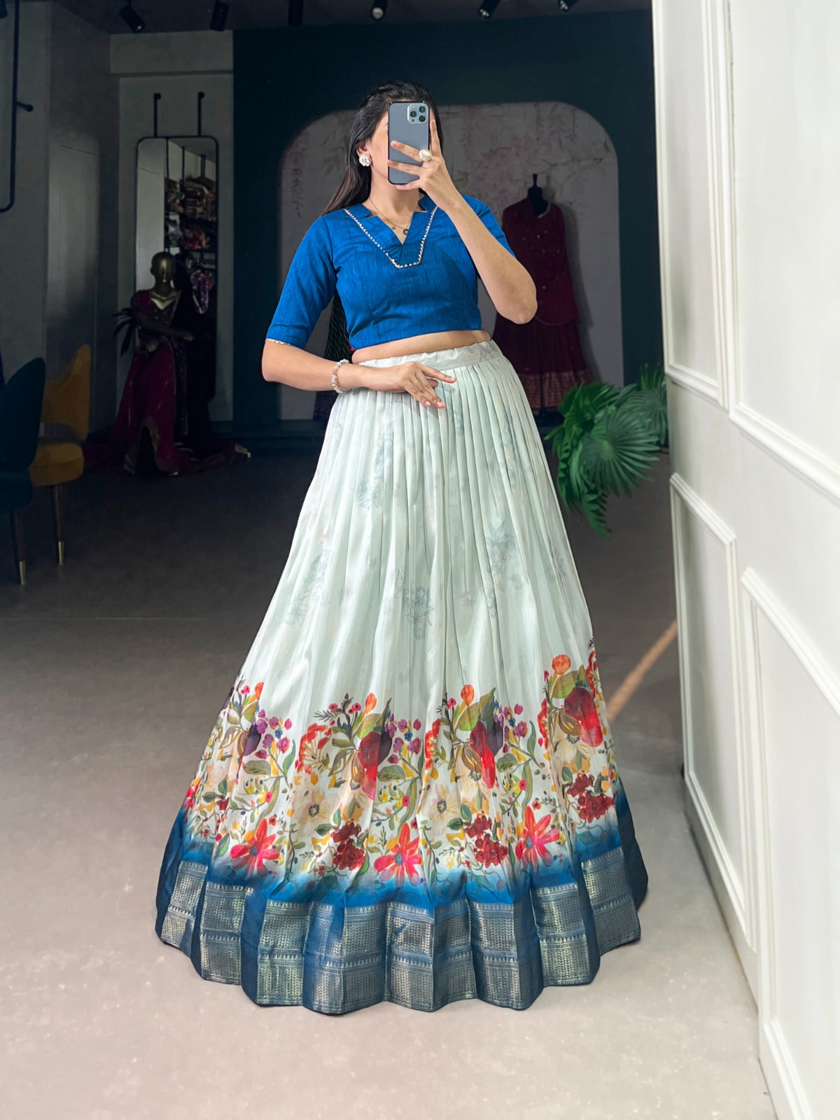 Dashing Cotton Silk Floral Printed Zari Border Worked Lehenga Choli - INDIAN ELEGANCE