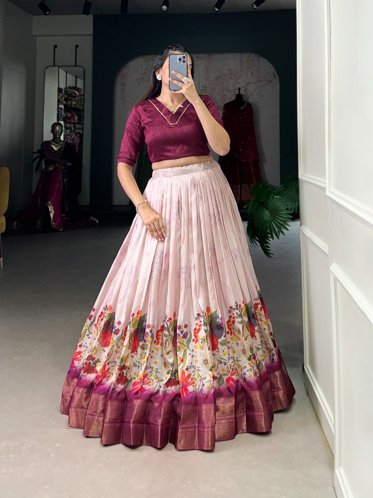 Dashing Cotton Silk Floral Printed Zari Border Worked Lehenga Choli - INDIAN ELEGANCE