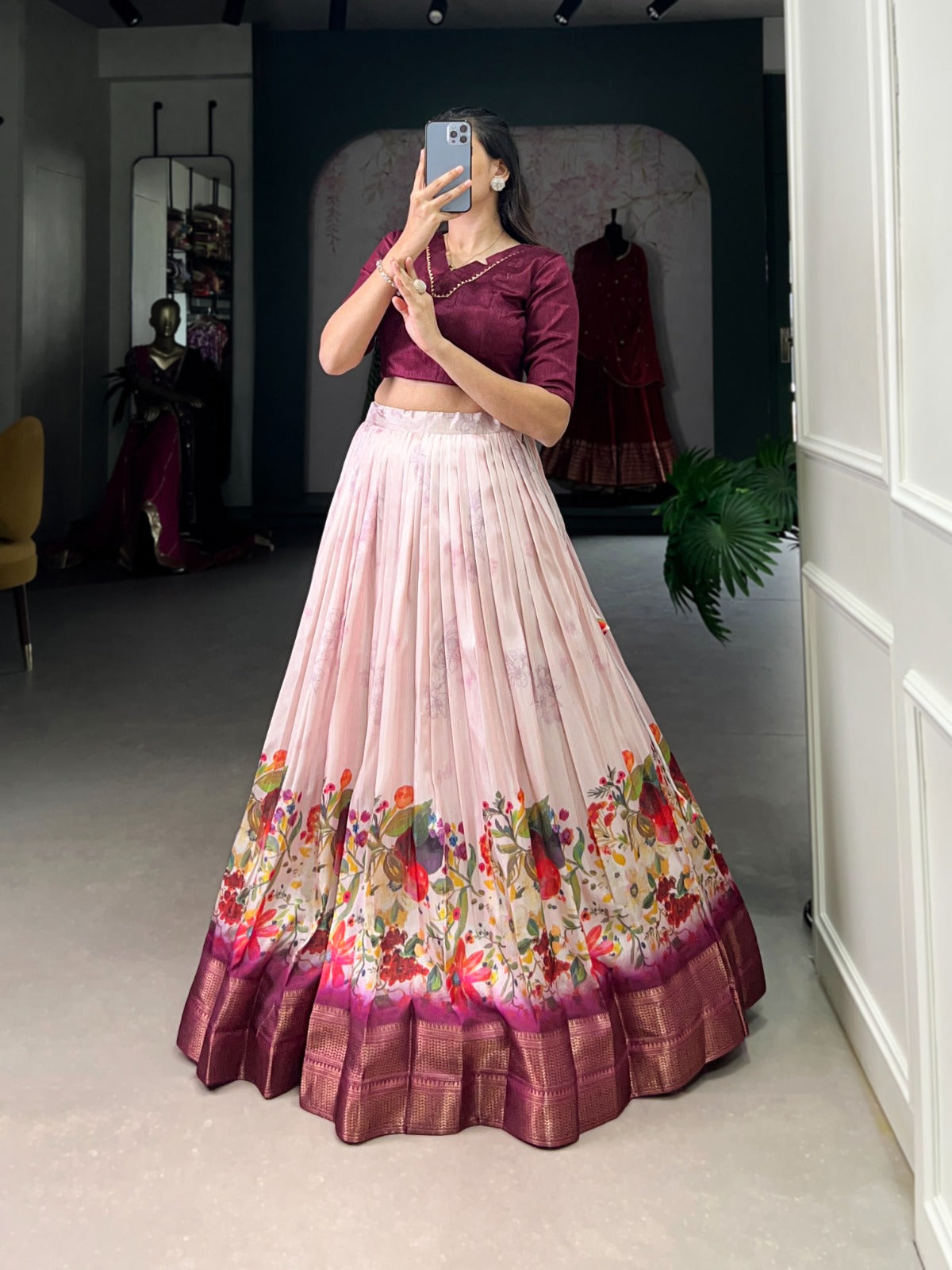 Dashing Cotton Silk Floral Printed Zari Border Worked Lehenga Choli - INDIAN ELEGANCE
