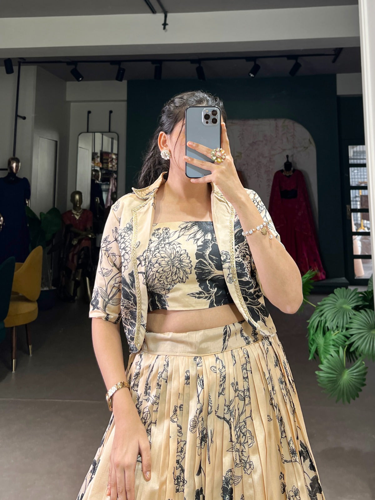 Exquisite Tussar Silk Floral Printed Lehenga Choli Koti Set - INDIAN ELEGANCE