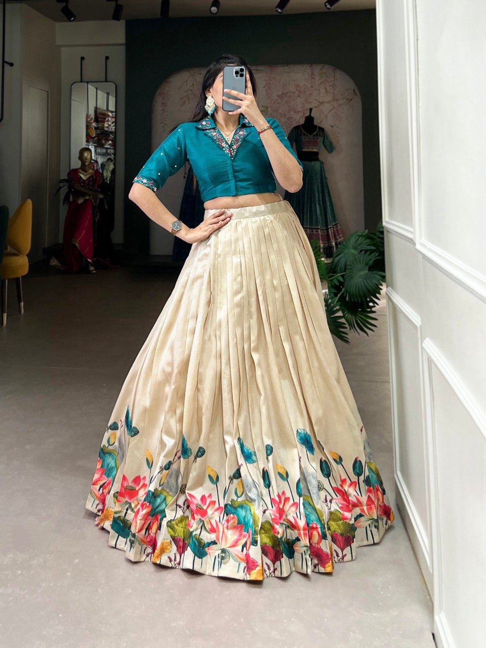 Lovely Tussar Silk Floral Digital Printed Lehenga With Stitched Blouse - INDIAN ELEGANCE