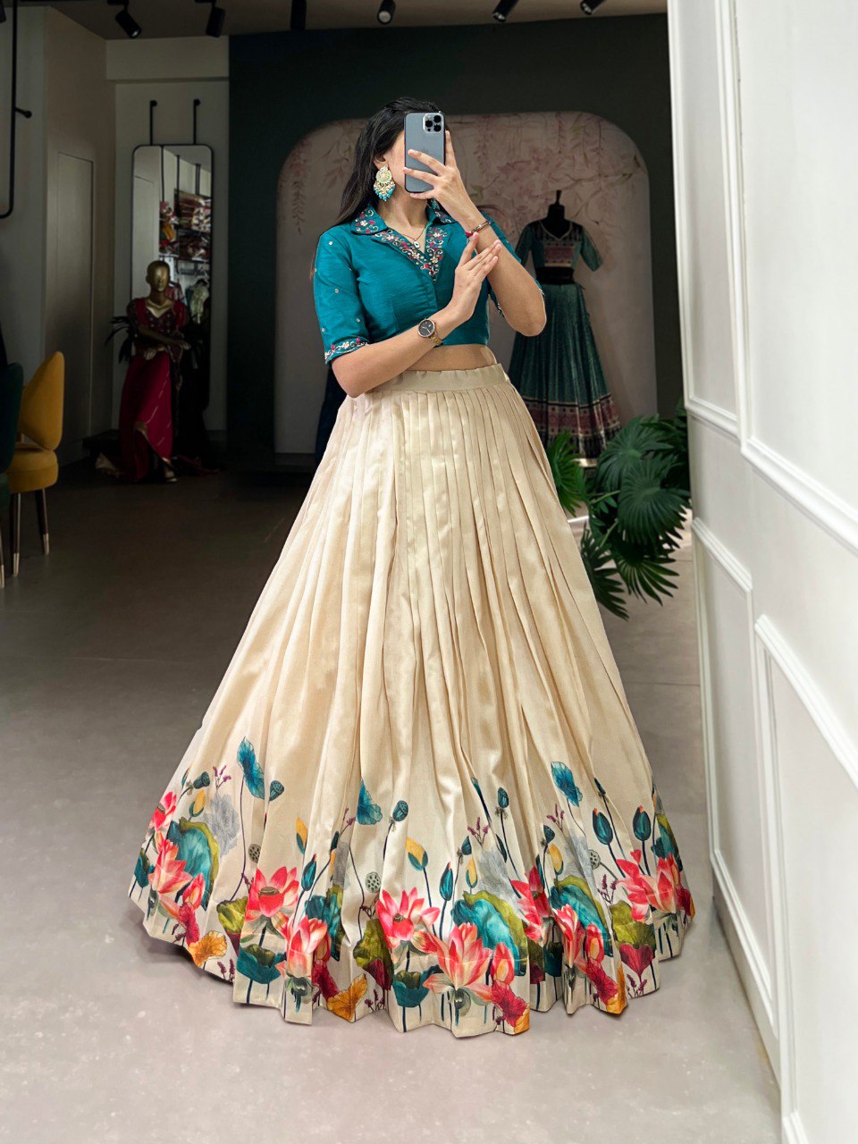 Lovely Tussar Silk Floral Digital Printed Lehenga With Stitched Blouse - INDIAN ELEGANCE
