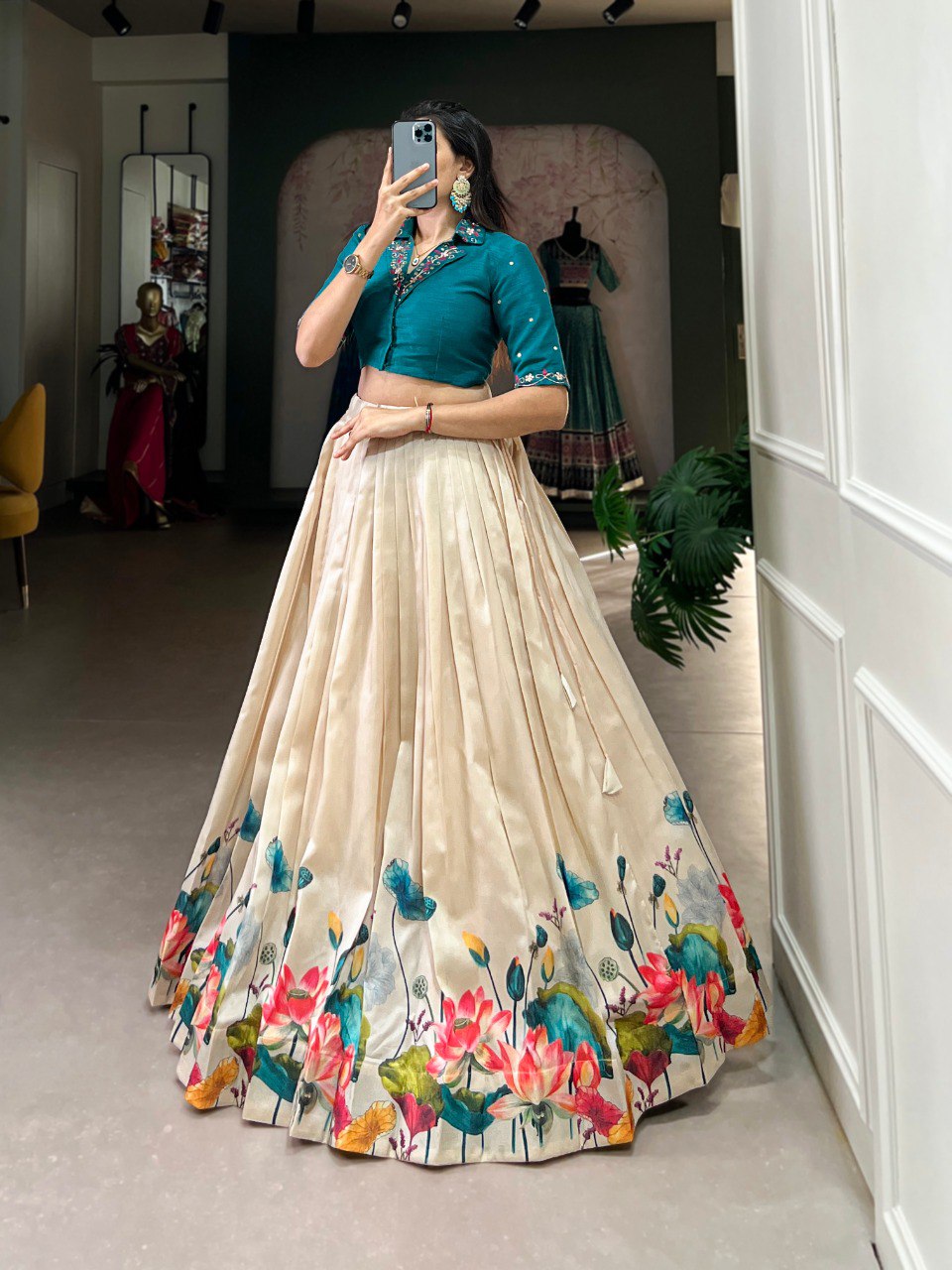 Lovely Tussar Silk Floral Digital Printed Lehenga With Stitched Blouse - INDIAN ELEGANCE