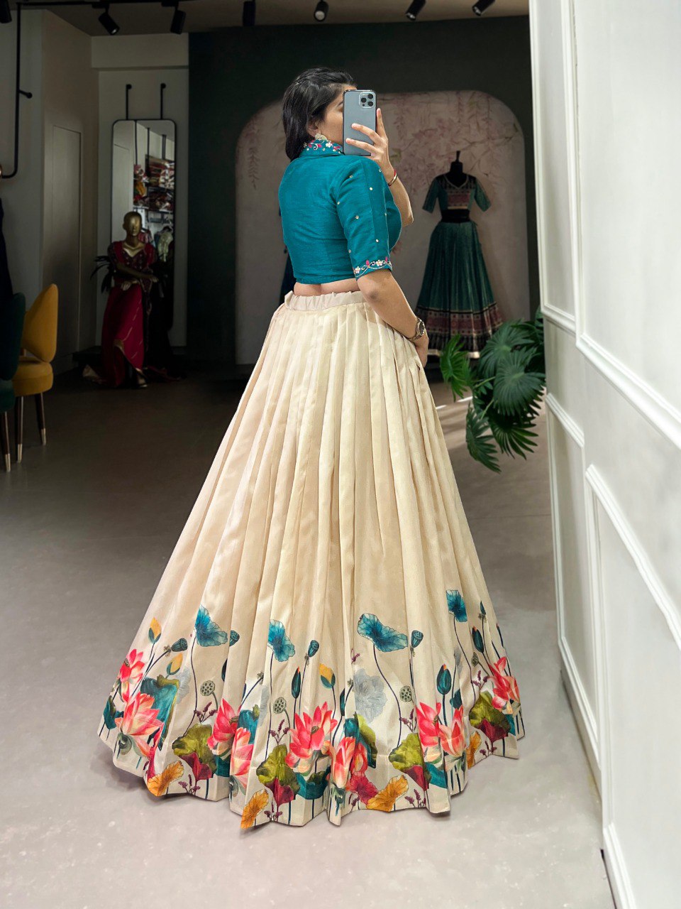 Lovely Tussar Silk Floral Digital Printed Lehenga With Stitched Blouse - INDIAN ELEGANCE