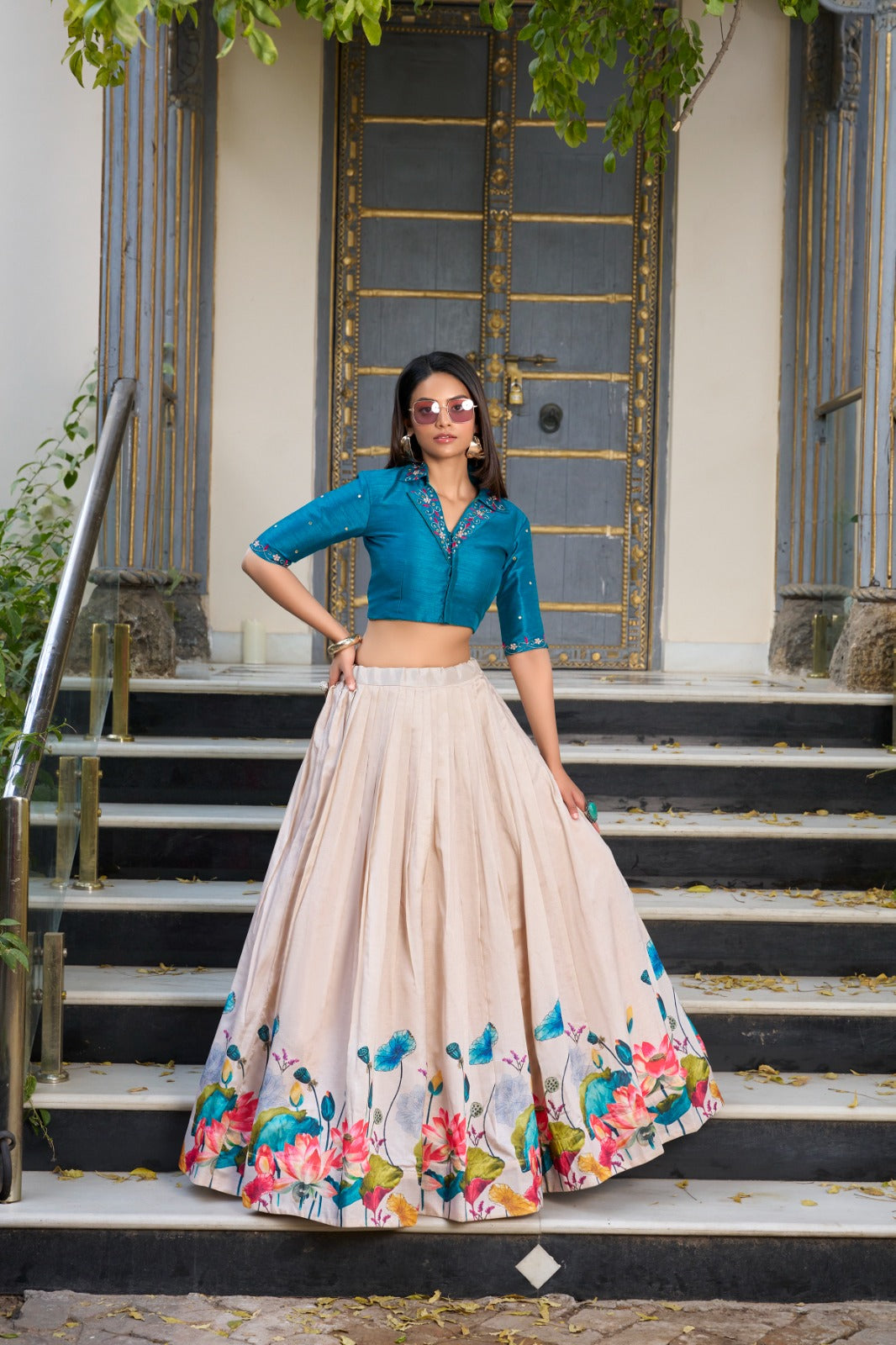 Lovely Tussar Silk Floral Digital Printed Lehenga With Stitched Blouse