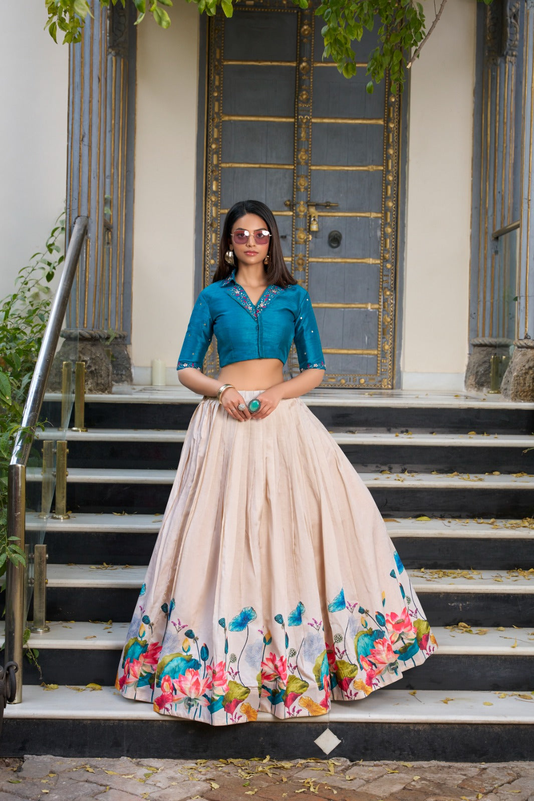 Lovely Tussar Silk Floral Digital Printed Lehenga With Stitched Blouse