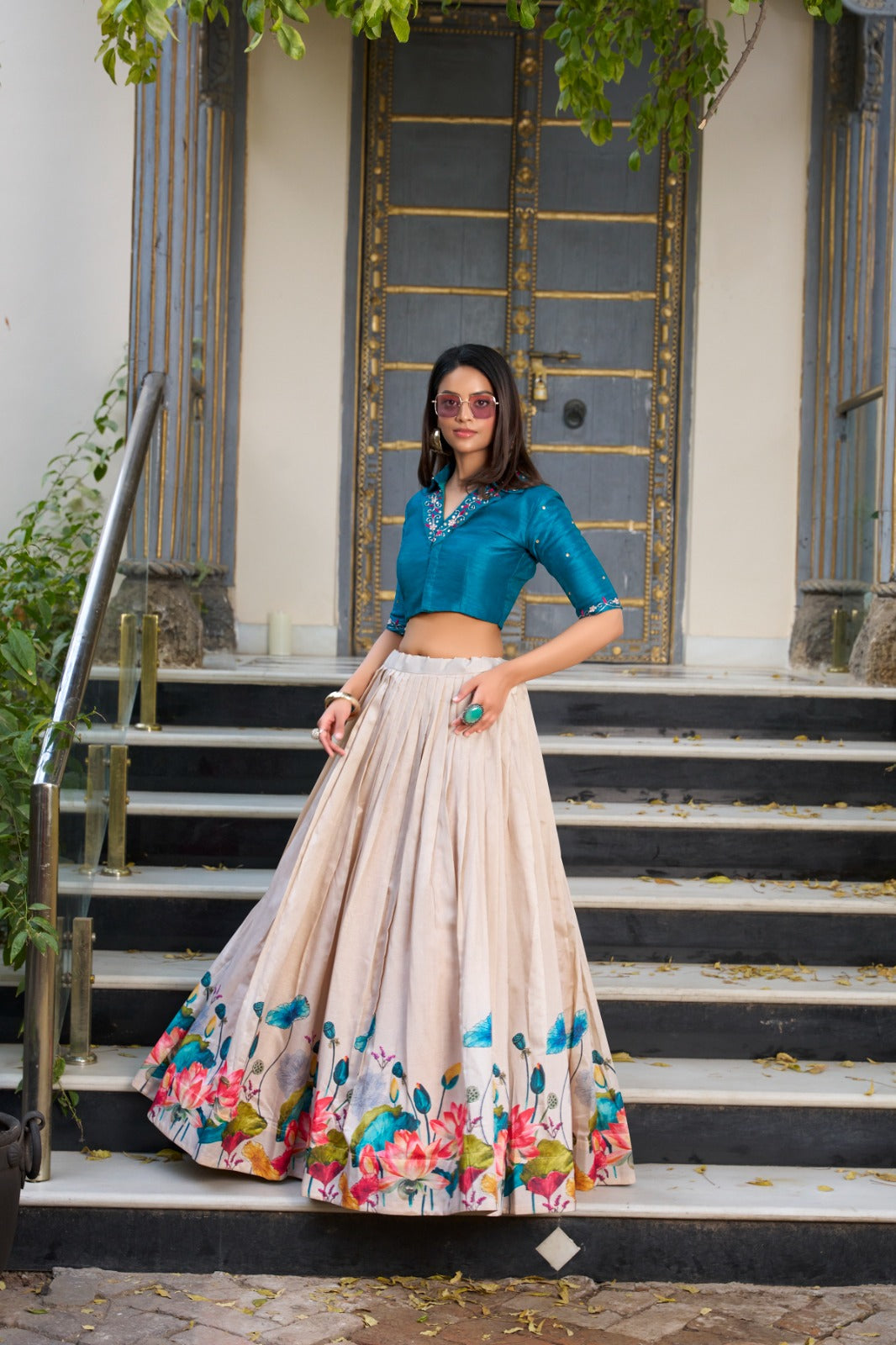 Lovely Tussar Silk Floral Digital Printed Lehenga With Stitched Blouse