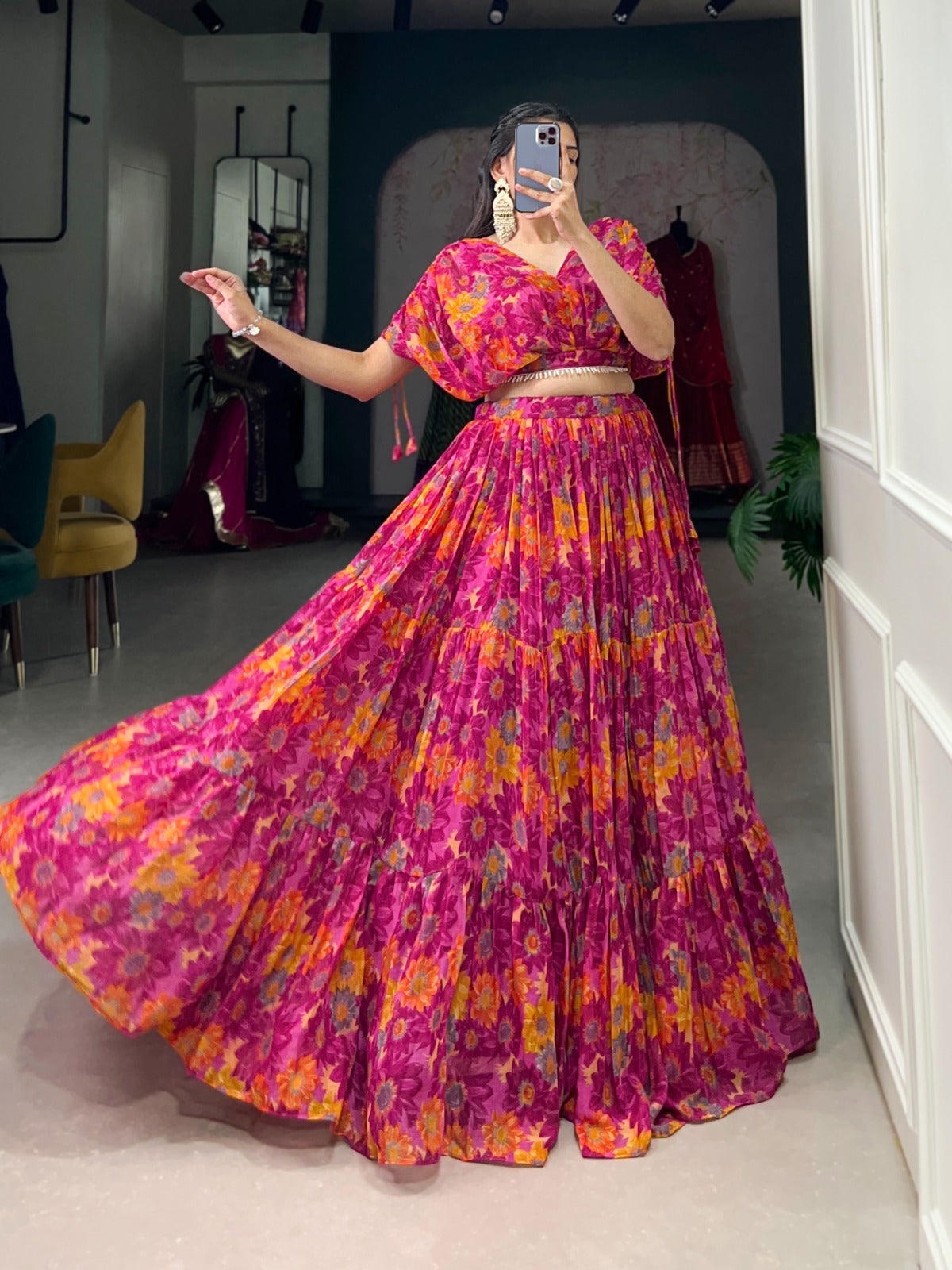 Alluring Pink Soft Chiffon Floral Printed Lehenga With Blouse Set - INDIAN ELEGANCE