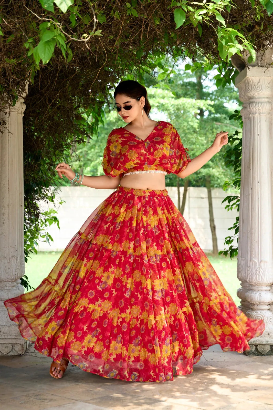 Sublime Red Soft Chiffon Floral Printed Lehenga With Blouse Set - INDIAN ELEGANCE