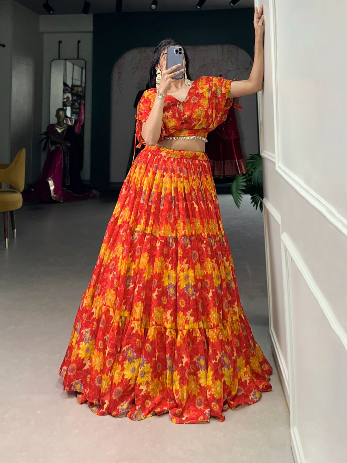 Sublime Red Soft Chiffon Floral Printed Lehenga With Blouse Set - INDIAN ELEGANCE