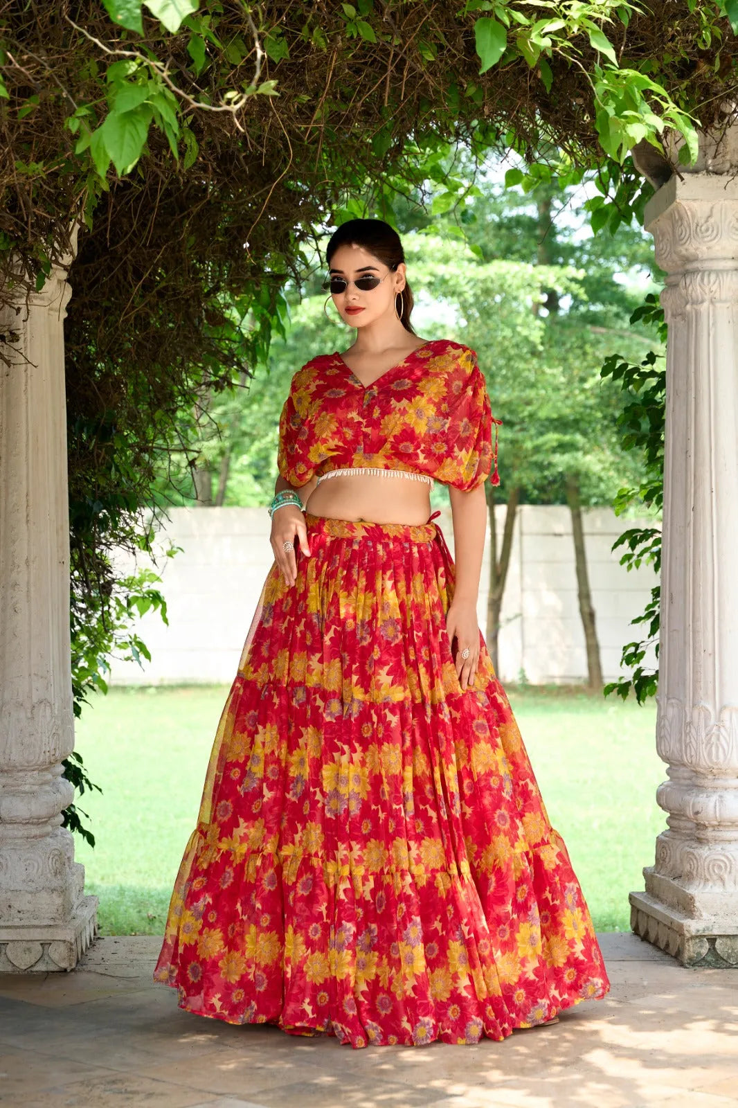 Sublime Red Soft Chiffon Floral Printed Lehenga With Blouse Set - INDIAN ELEGANCE