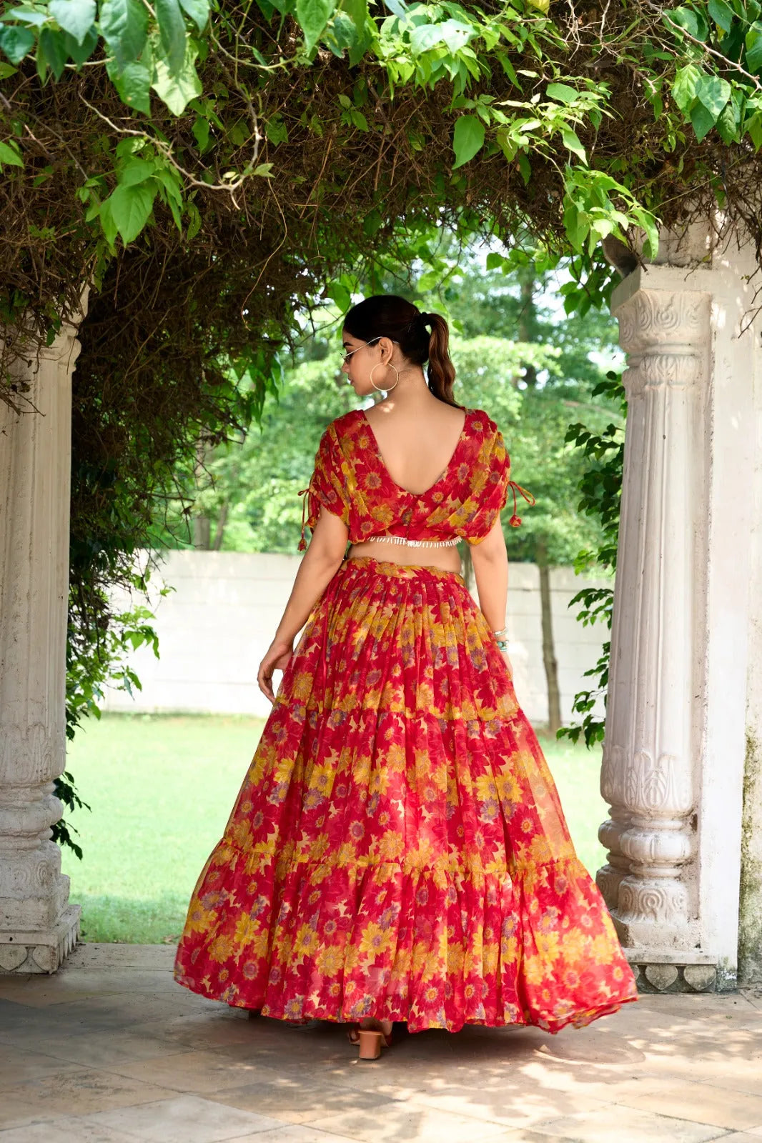 Sublime Red Soft Chiffon Floral Printed Lehenga With Blouse Set - INDIAN ELEGANCE