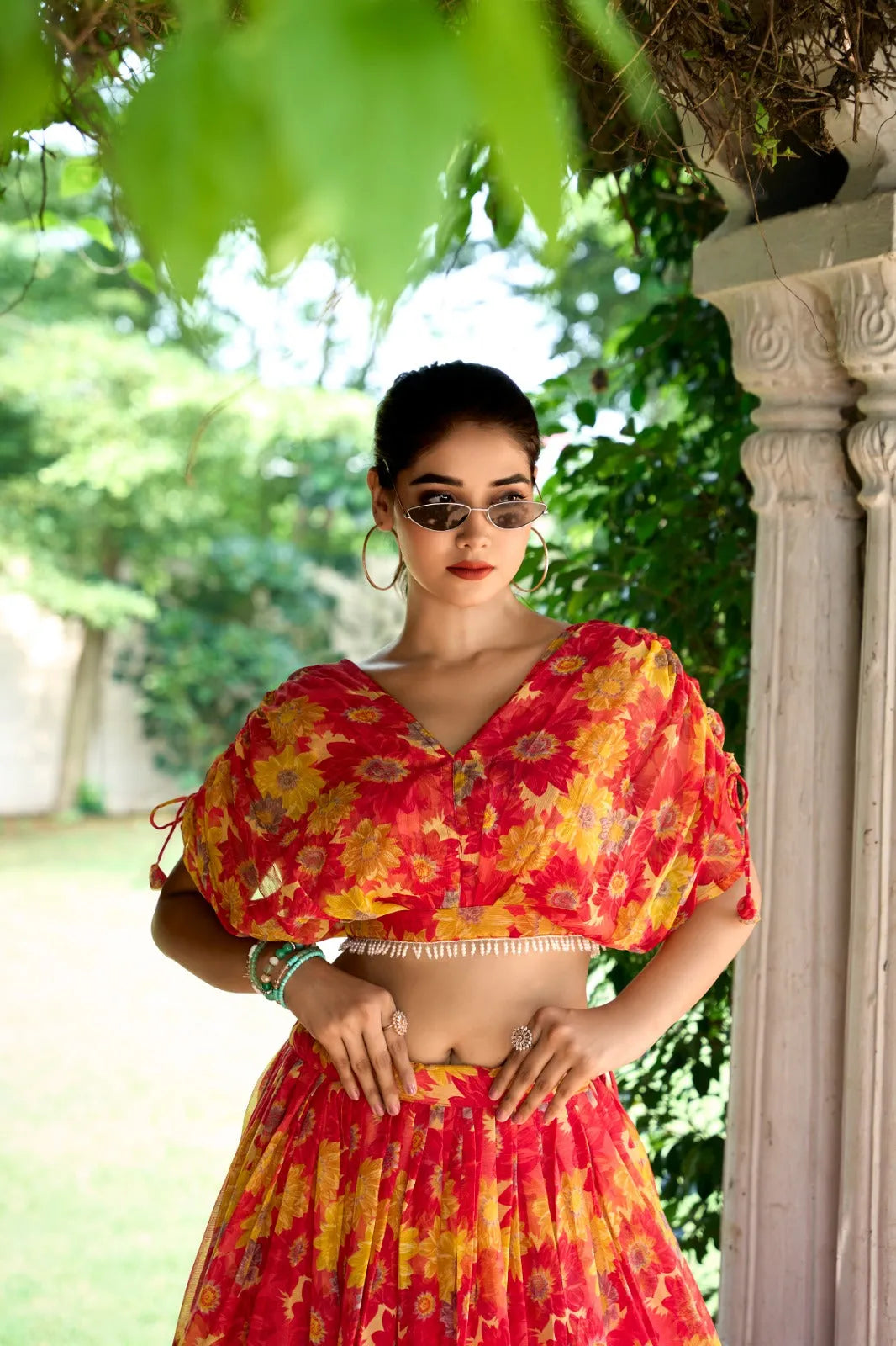 Sublime Red Soft Chiffon Floral Printed Lehenga With Blouse Set - INDIAN ELEGANCE
