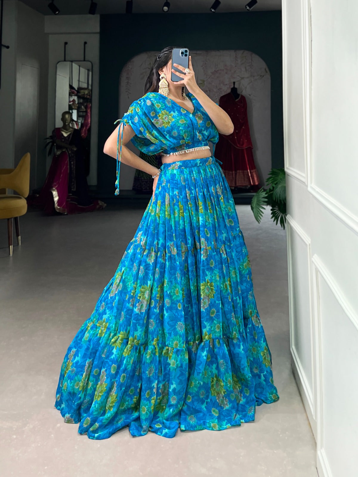 Luminous Sky Blue Soft Chiffon Floral Printed Lehenga With Blouse Set - INDIAN ELEGANCE