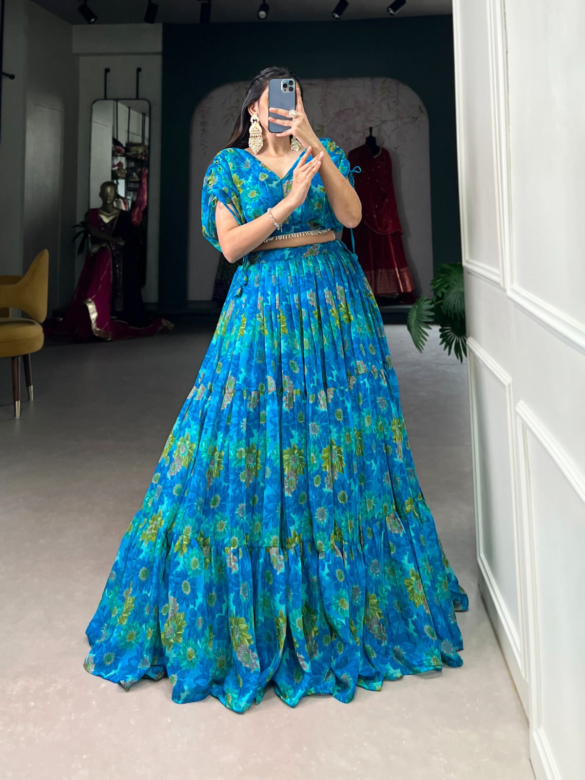 Luminous Sky Blue Soft Chiffon Floral Printed Lehenga With Blouse Set - INDIAN ELEGANCE