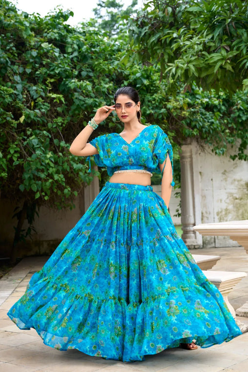 Luminous Sky Blue Soft Chiffon Floral Printed Lehenga With Blouse Set - INDIAN ELEGANCE