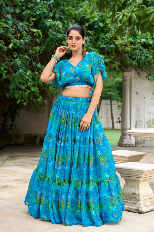 Luminous Sky Blue Soft Chiffon Floral Printed Lehenga With Blouse Set - INDIAN ELEGANCE